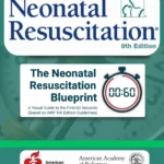 Cover page featuring the Textbook of Neonatal Resuscitation 9th Edition logo and The Neonatal Resuscitation Blueprint title with a stopwatch icon showing 00:60, alongside American Heart Association and American Academy of Pediatrics logos.