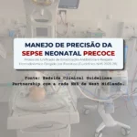 Capa do documento sobre manejo de precisão da sepse neonatal precoce, com fundo de equipamentos de UTI neonatal e informações da fonte NHS West Midlands.