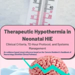 Cover page showing a thermometer in snow, a brain with a declining teal arrow, and the title Therapeutic Hypothermia in Neonatal HIE on a pink banner.