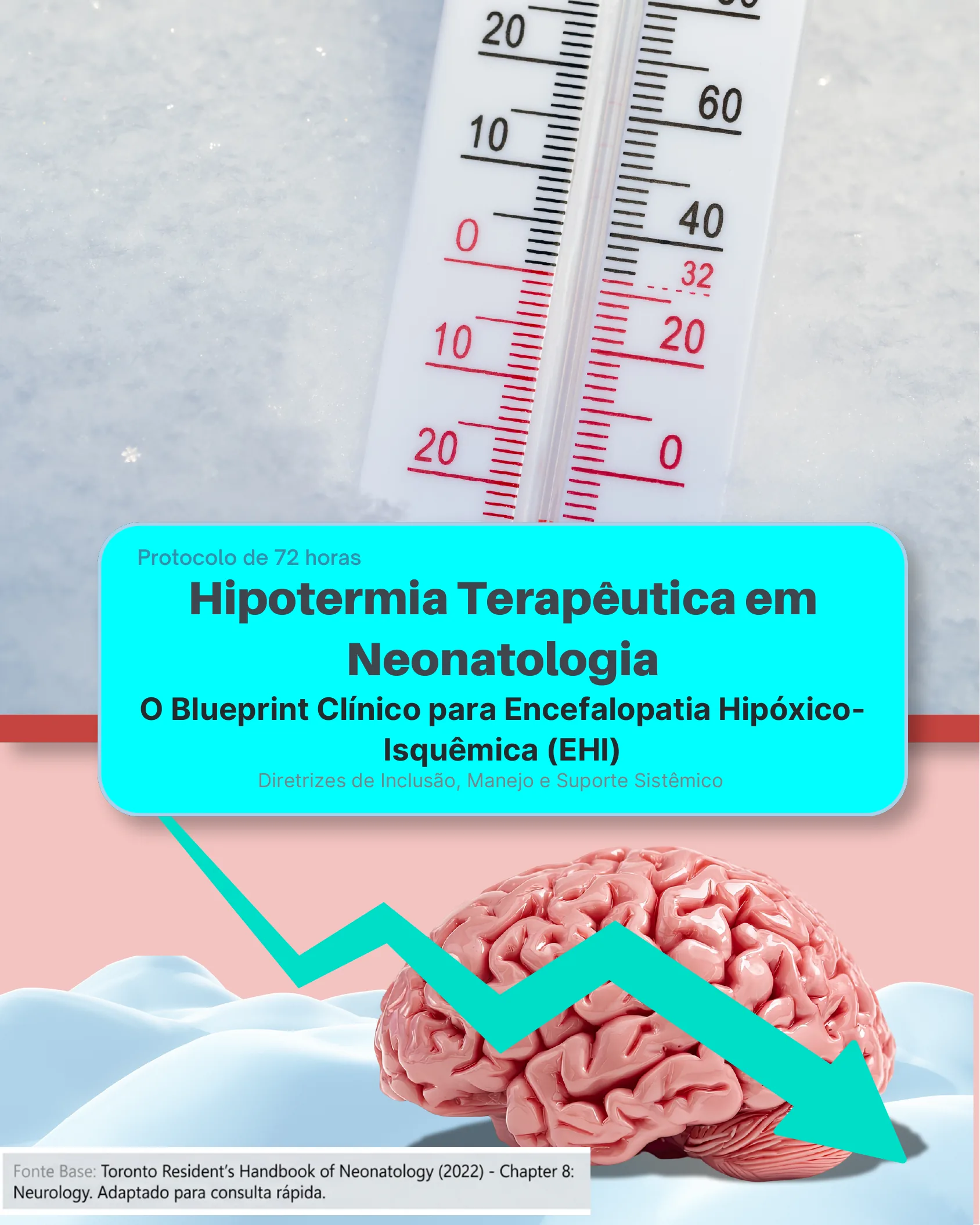 Capa do documento mostrando um termômetro sobre neve e um cérebro com seta indicando queda de temperatura, apresentando o título do protocolo de hipotermia terapêutica neonatal.
