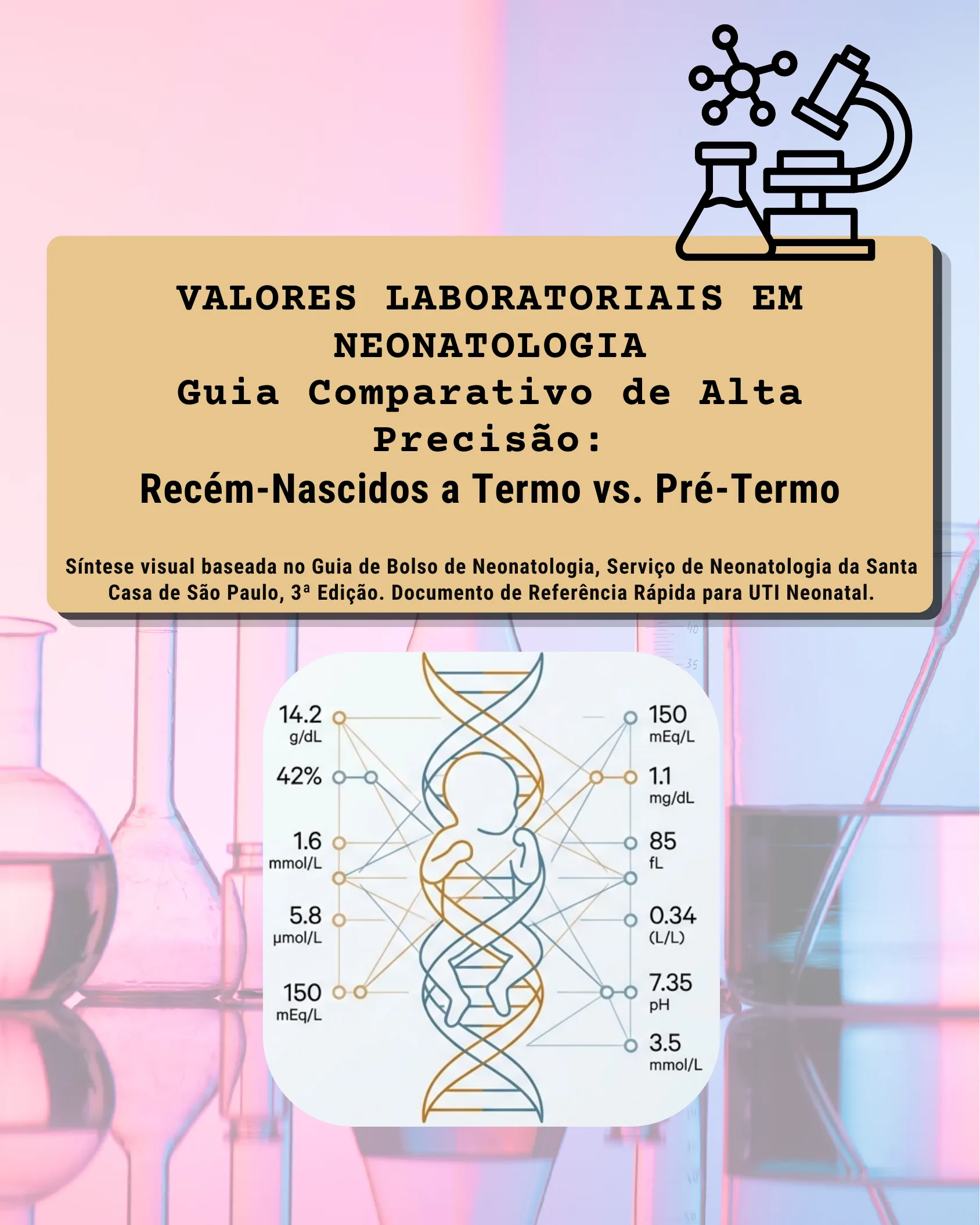 Capa do guia comparativo de valores laboratoriais em neonatologia entre recém-nascidos a termo e pré-termo, com ilustração de bebê, DNA e resultados de exames.