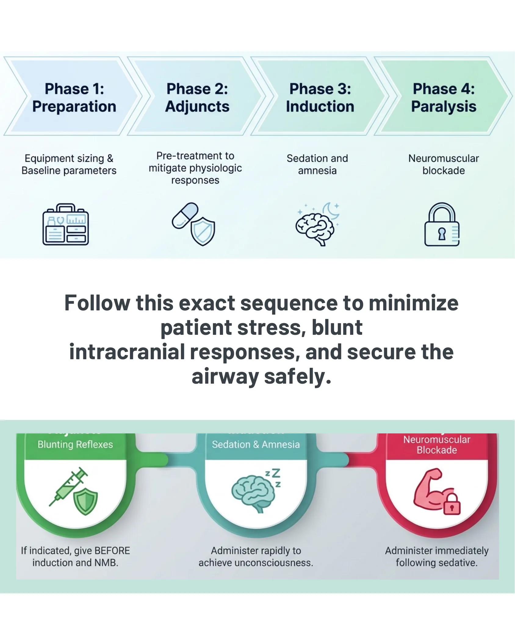 Flowchart showing the four phases of rapid sequence intubation: preparation, adjuncts, induction, and paralysis.