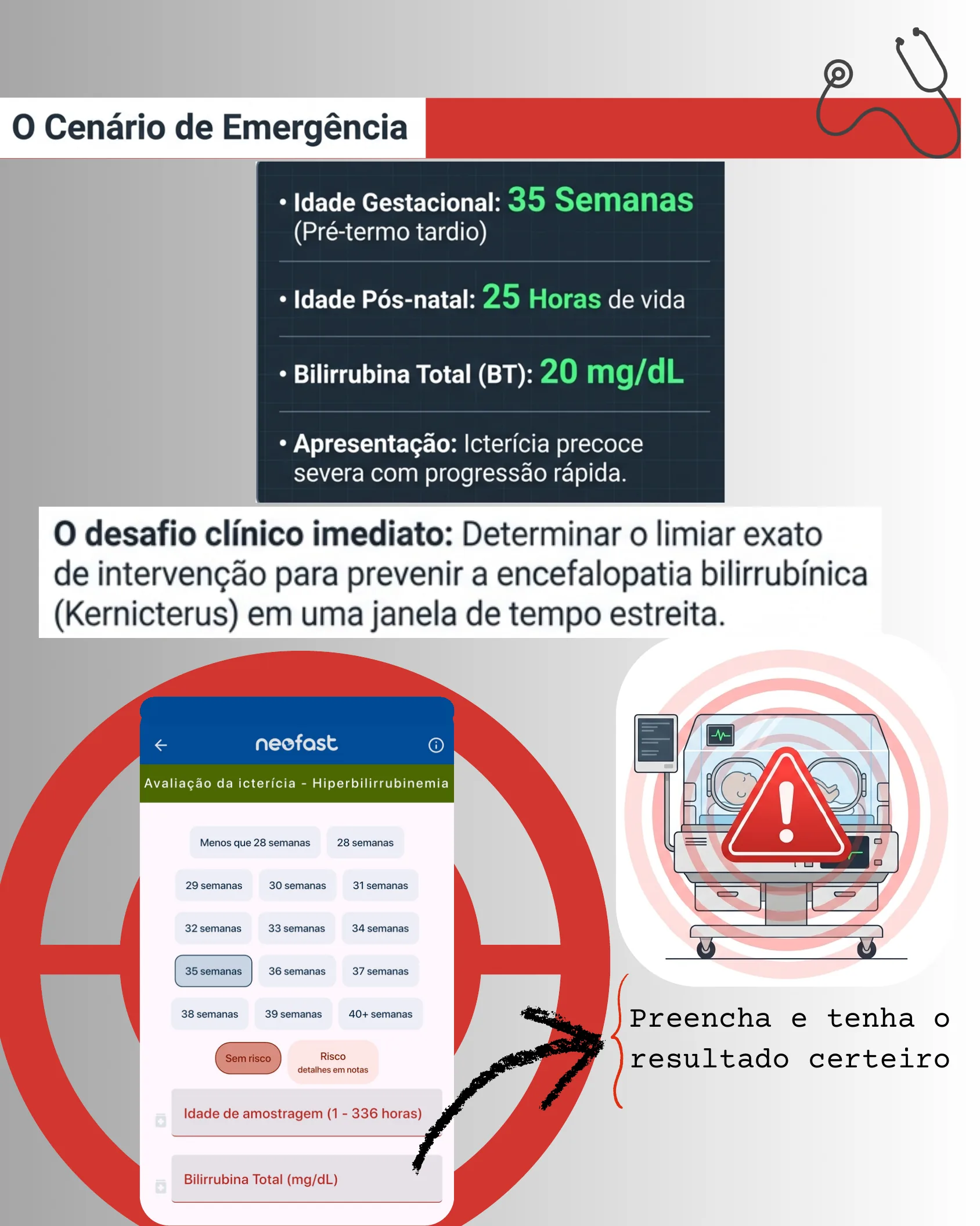 Emergency scenario summary showing a preterm neonate's clinical data and the Neofast app interface for jaundice/hyperbilirubinemia assessment.