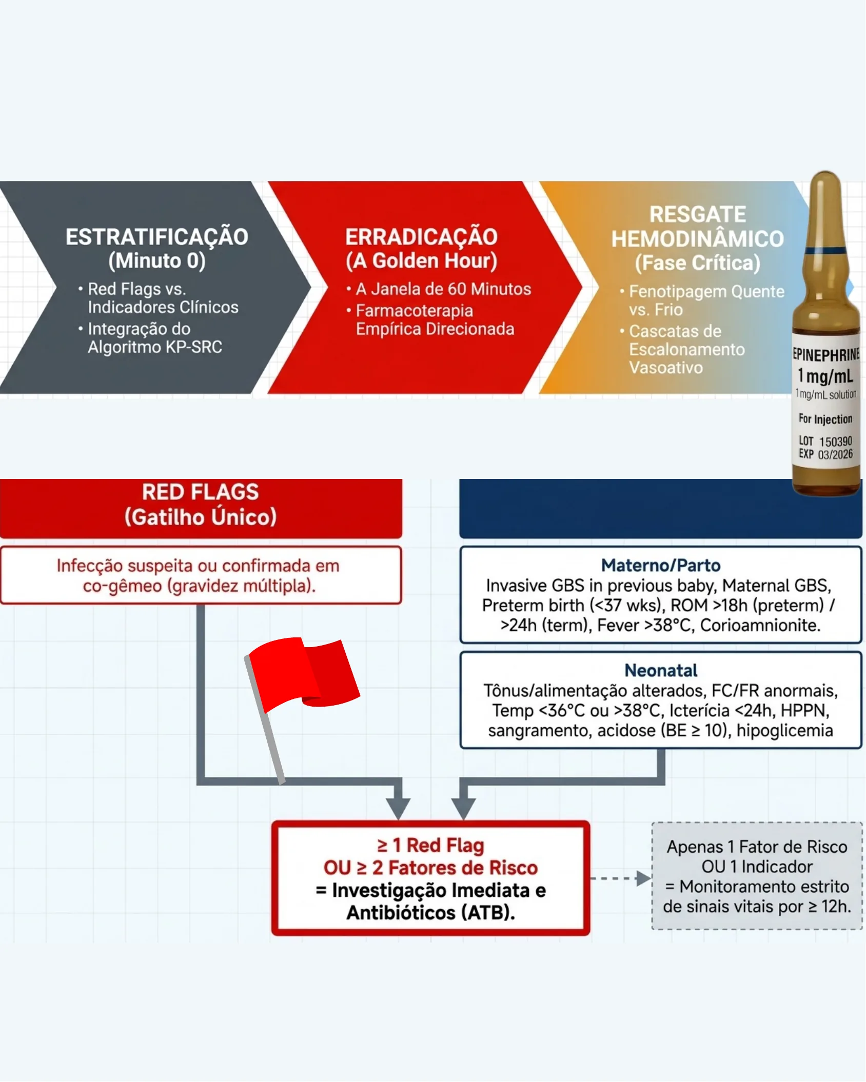 Fluxograma mostrando as três etapas do protocolo (estratificação, erradicação, resgate hemodinâmico) e critérios de red flags e fatores de risco materno/neonatal para sepse neonatal.