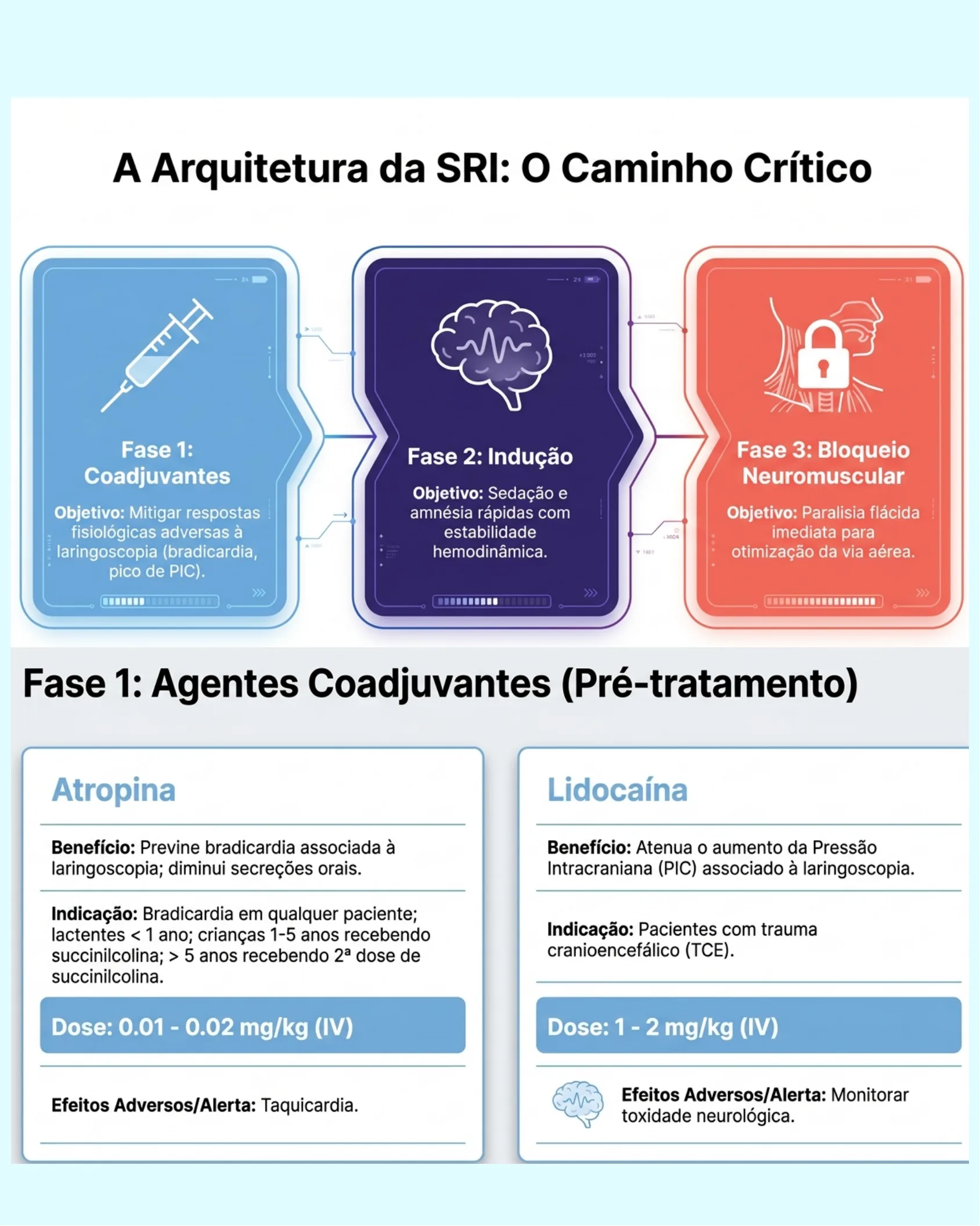 Fluxograma das três fases da Sequência Rápida de Intubação (Coadjuvantes, Indução e Bloqueio Neuromuscular) seguido de tabelas comparativas de Atropina e Lidocaína como agentes coadjuvantes.
