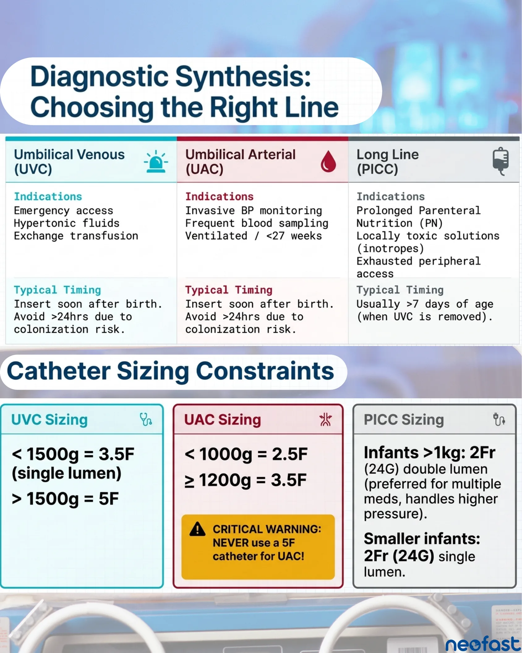 Comparison table of Umbilical Venous, Umbilical Arterial, and PICC lines including indications, timing, and catheter sizing constraints.