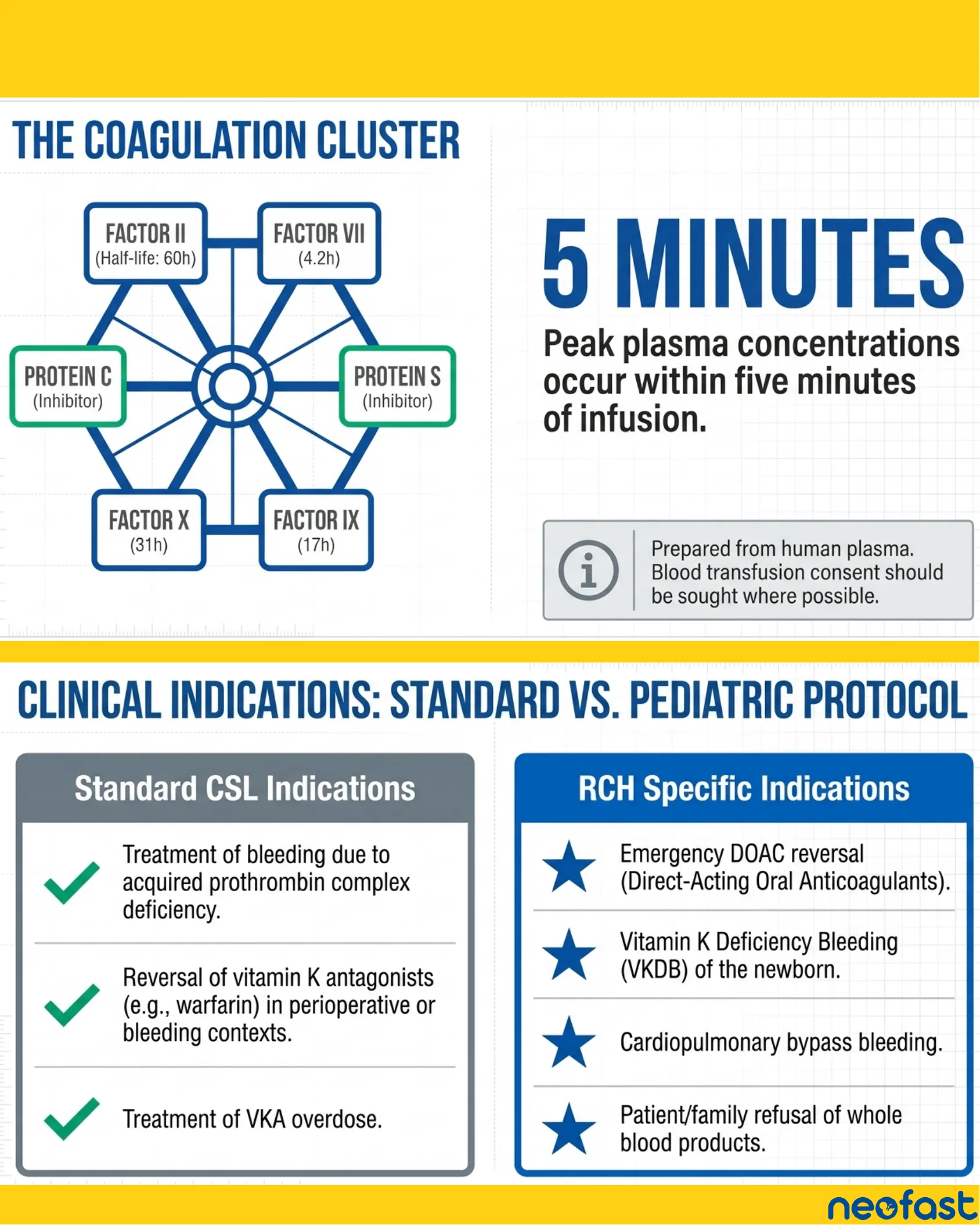 Diagram of the coagulation factor cluster with half-lives, a note on 5-minute peak plasma concentration, and a comparison table of standard CSL indications versus RCH-specific pediatric indications for Beriplex.