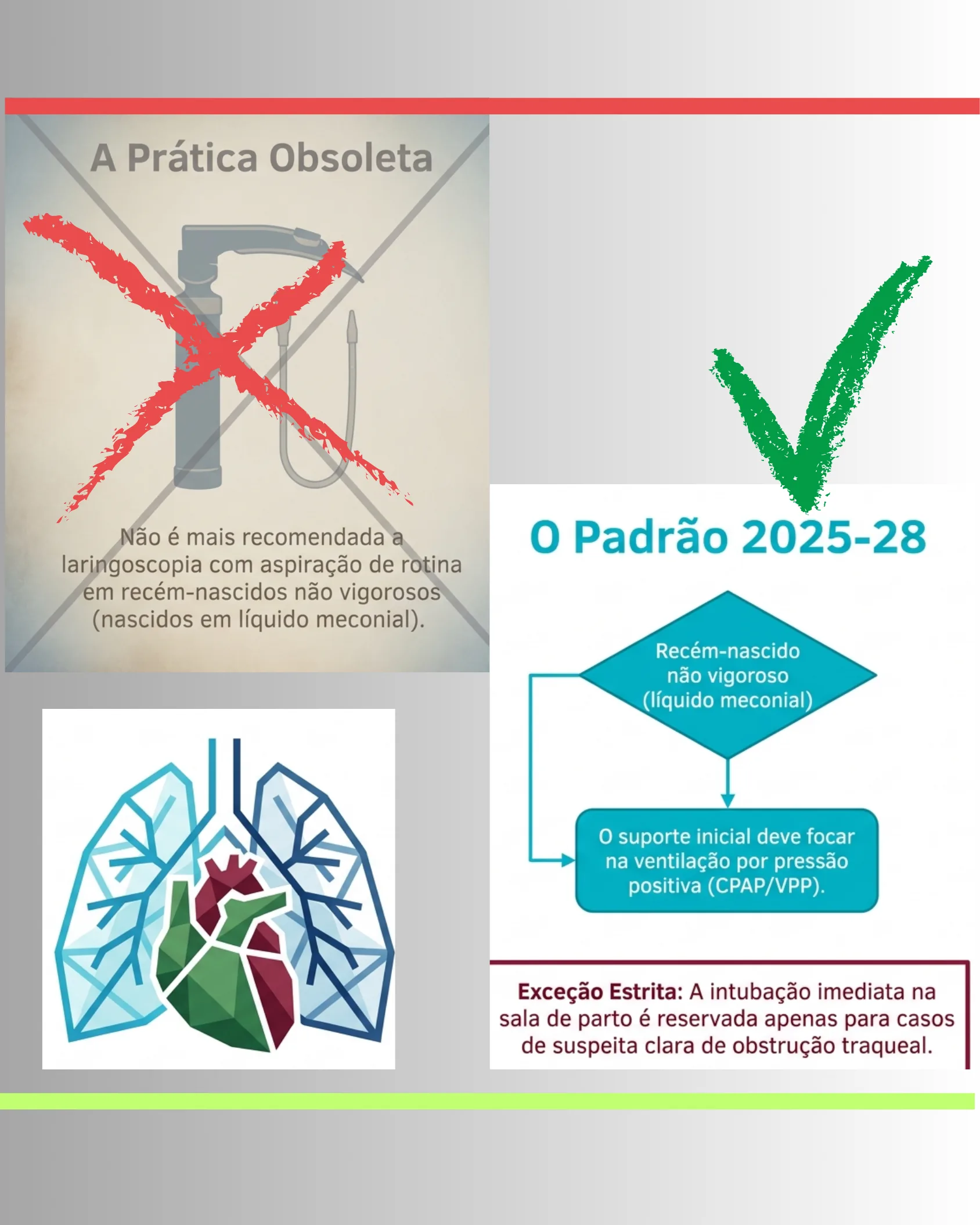 Comparação entre a prática obsoleta de aspiração de rotina e o padrão atual 2025-28 para recém-nascidos não vigorosos com líquido meconial.