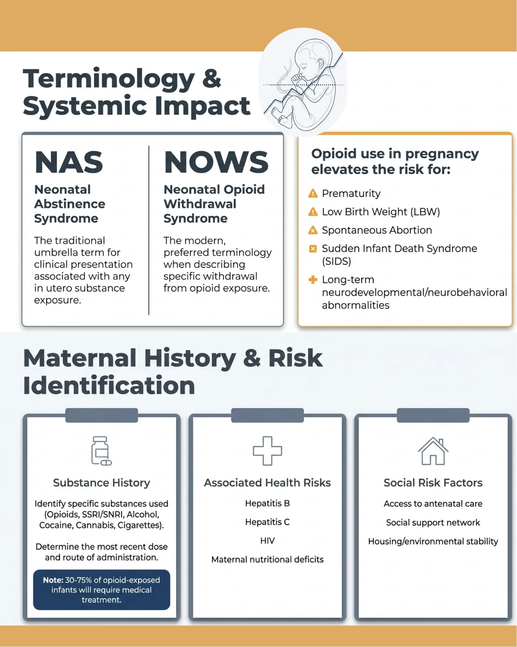 Infographic defining NAS versus NOWS terminology, listing risks of opioid use in pregnancy, and outlining maternal history and risk identification categories including substance history, health risks, and social risk factors.