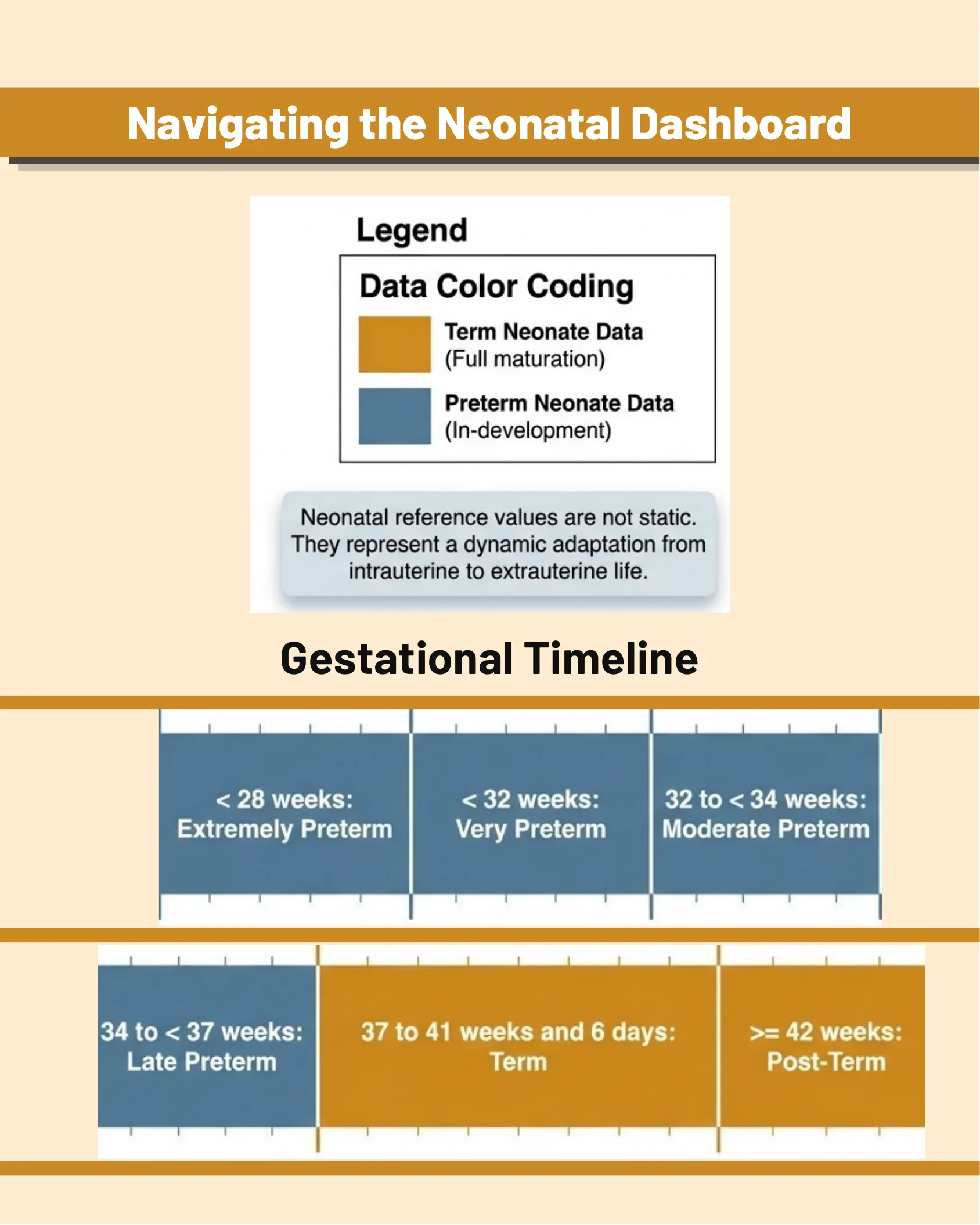Legend explaining color coding for term versus preterm neonate data and a gestational age timeline chart from extremely preterm to post-term.