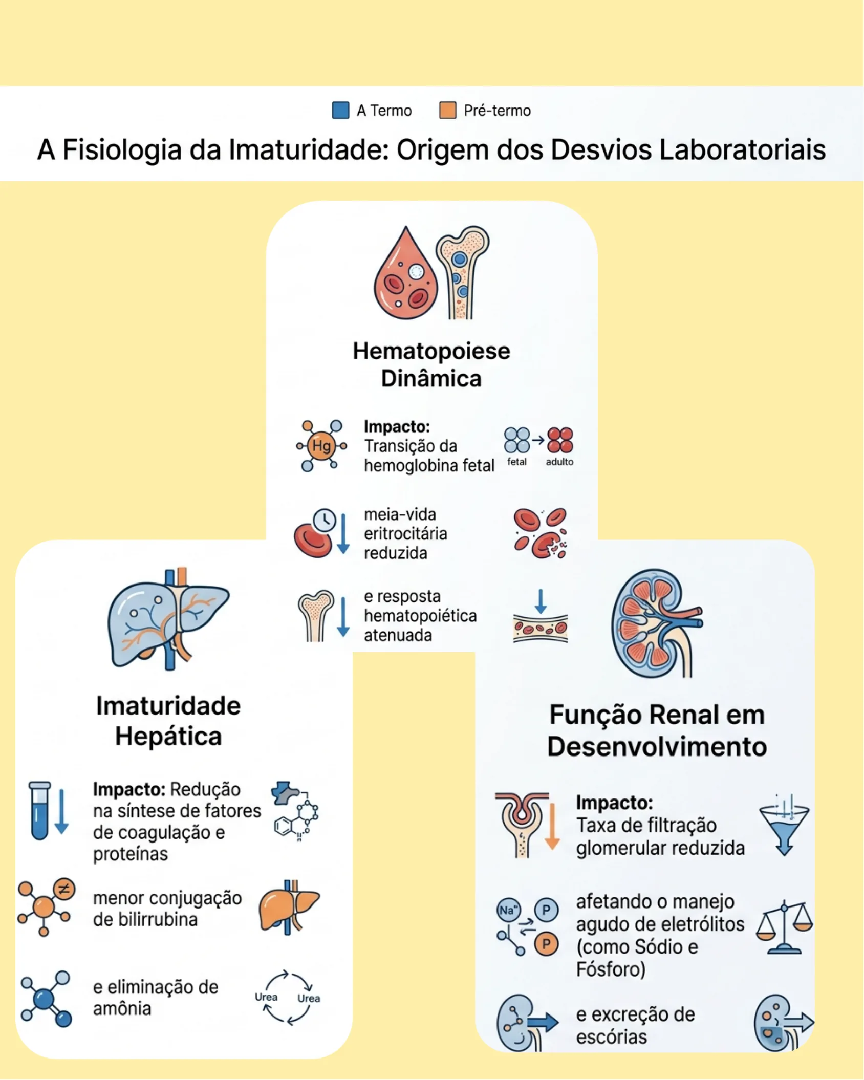 Infográfico mostrando três sistemas fisiológicos imaturos no recém-nascido pré-termo: hematopoiese, função hepática e função renal, com seus respectivos impactos laboratoriais.