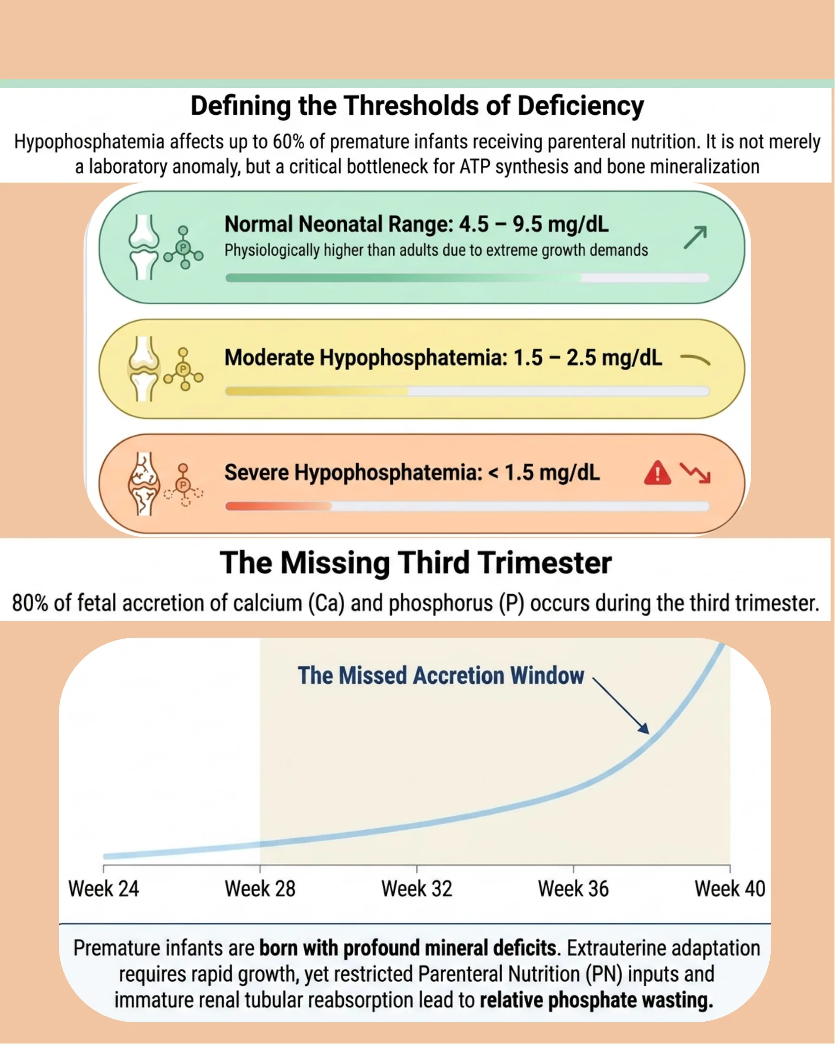 Infographic defining normal, moderate, and severe neonatal hypophosphatemia thresholds and a graph showing the missed third-trimester mineral accretion window from week 24 to week 40.