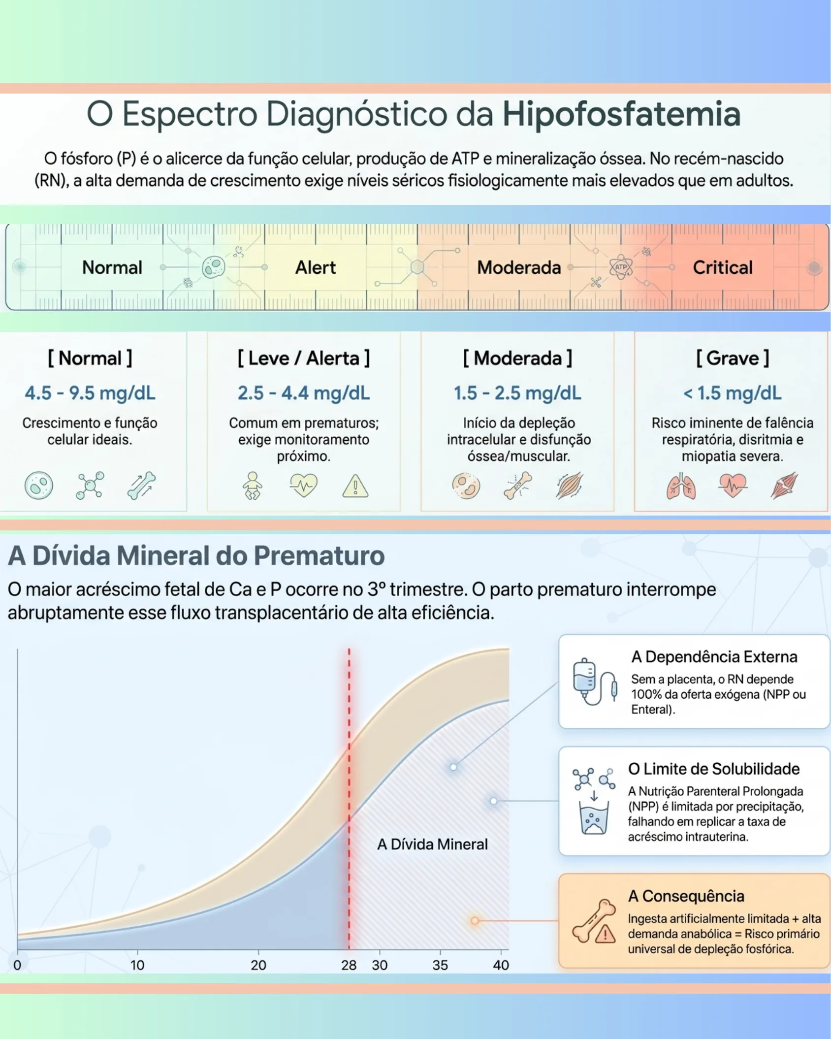 Infográfico mostrando as faixas de classificação da hipofosfatemia neonatal e gráfico da dívida mineral do prematuro ao longo da gestação.