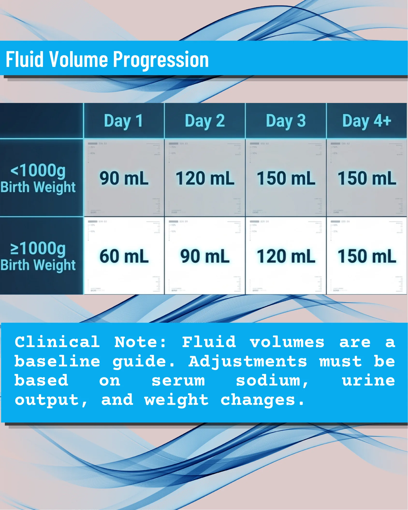 Table showing recommended fluid volume progression in mL for neonates by birth weight category across Day 1 to Day 4+.
