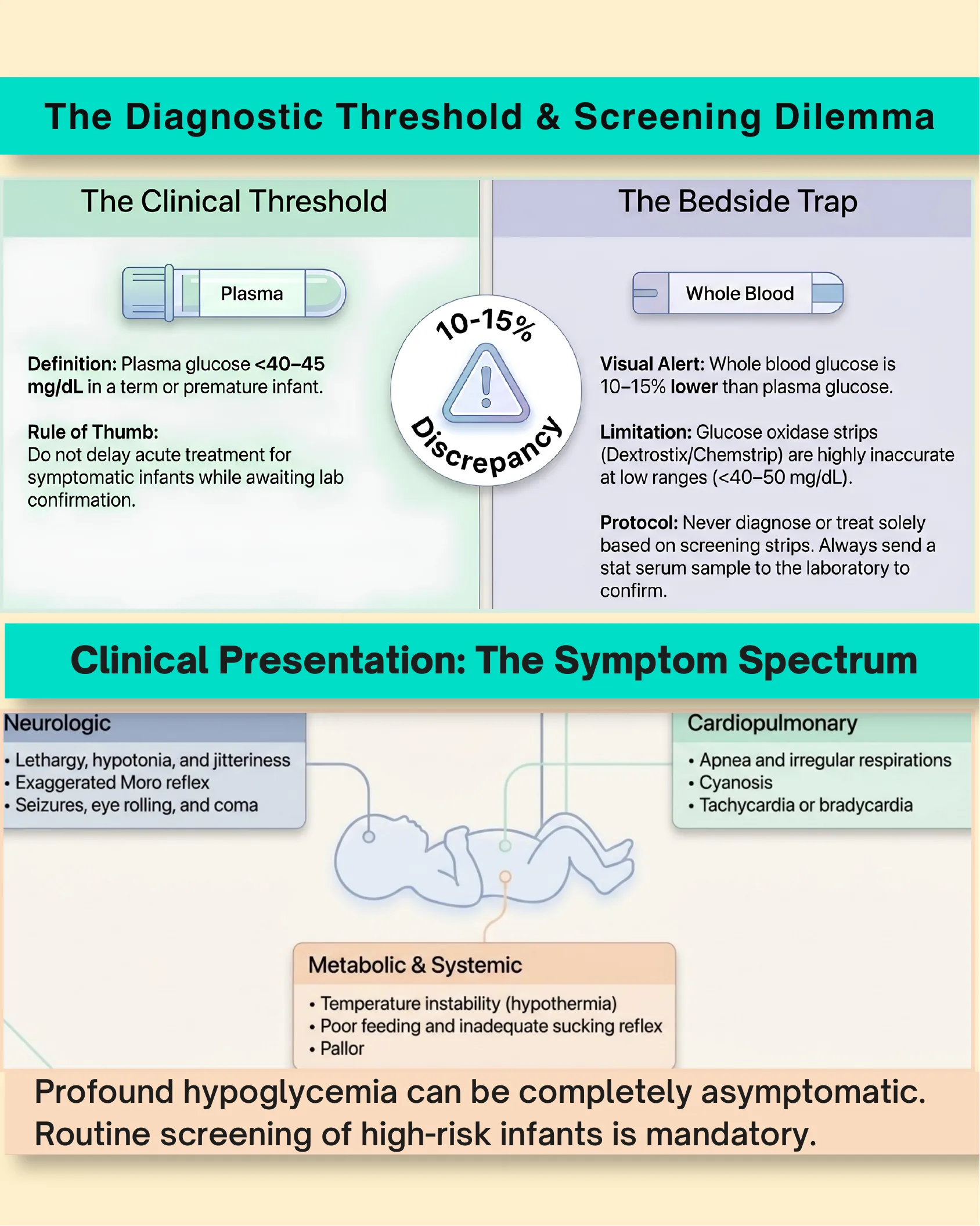 Infographic comparing plasma versus whole blood glucose diagnostic thresholds and listing neurologic, cardiopulmonary, and metabolic symptoms of neonatal hypoglycemia on a stylized infant diagram.