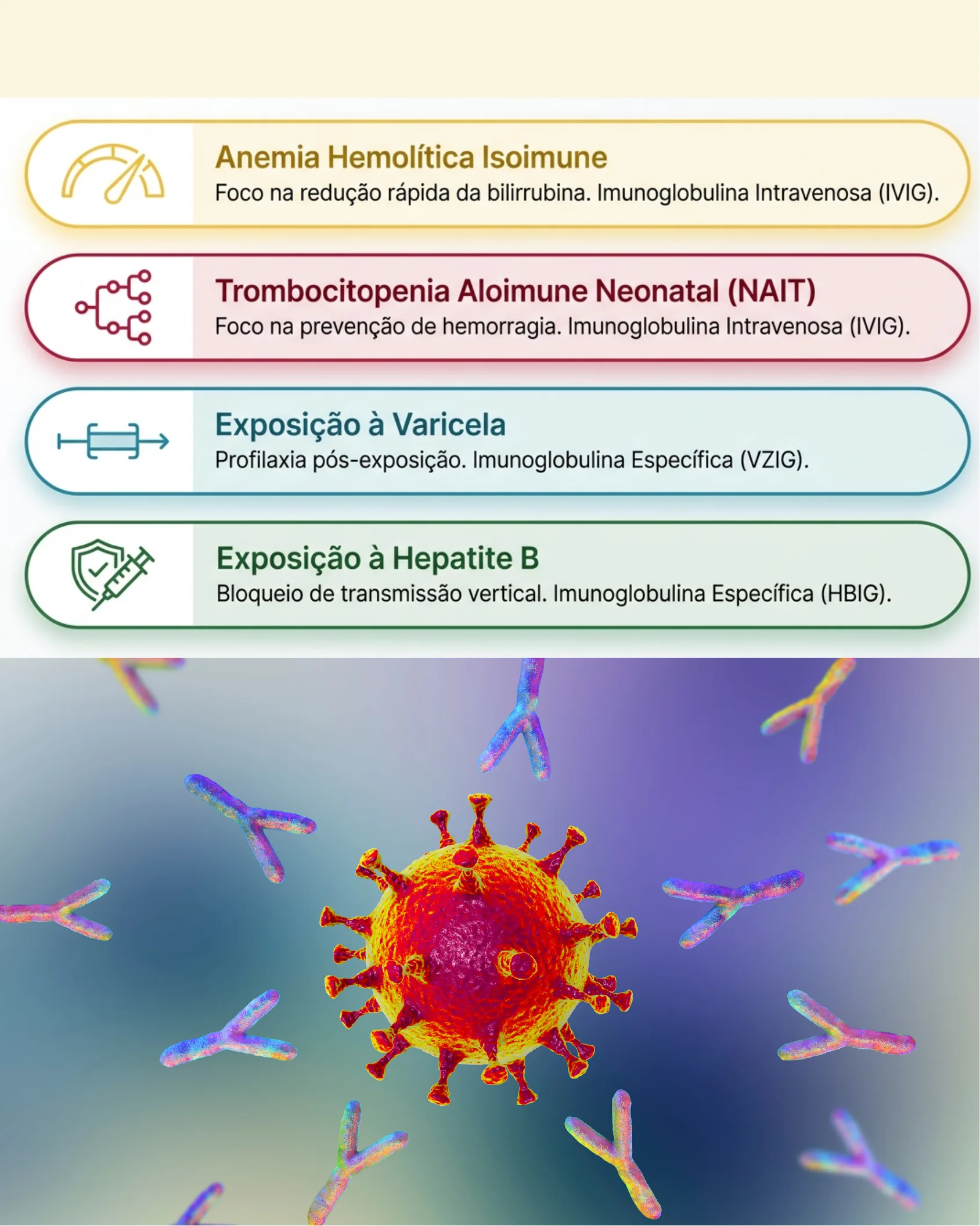 Painel com quatro condições clínicas neonatais e seus respectivos tipos de imunoglobulina indicados, sobre imagem de anticorpos e vírus.