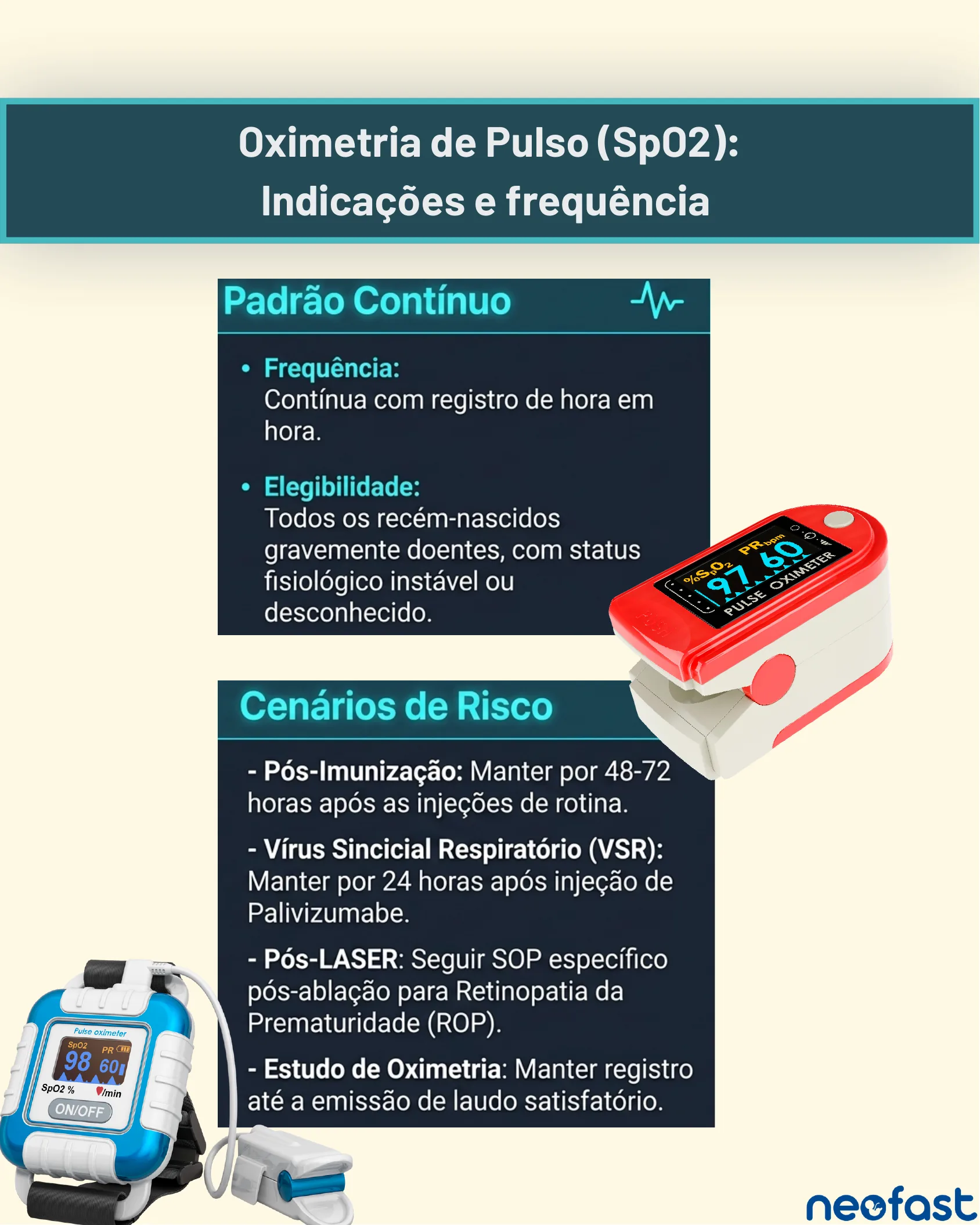 Infográfico sobre oximetria de pulso neonatal mostrando padrão contínuo de monitoramento e cenários de risco como pós-imunização, VSR, pós-laser e estudo de oximetria.
