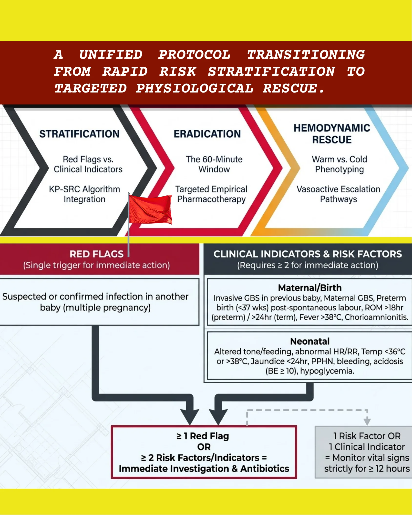 Fluxograma do protocolo unificado: Stratification, Eradication e Hemodynamic Rescue; Red Flags vs. Clinical Indicators para decisão de investigação e antibióticos.