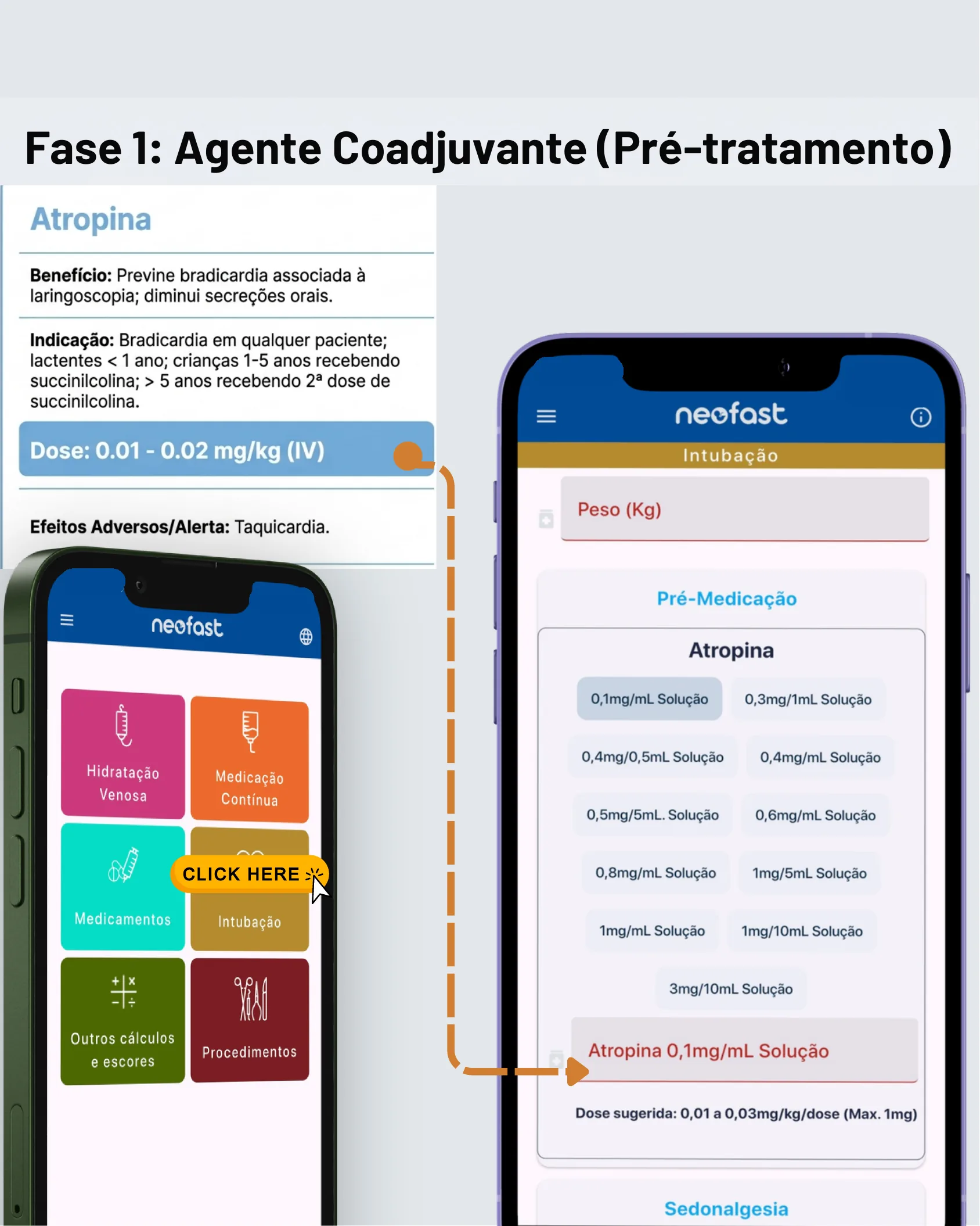 Print de tela do aplicativo Neofast mostrando o passo a passo para calcular a dose de Atropina na seção de Intubação, com destaque para o botão de Intubação e o campo de peso.