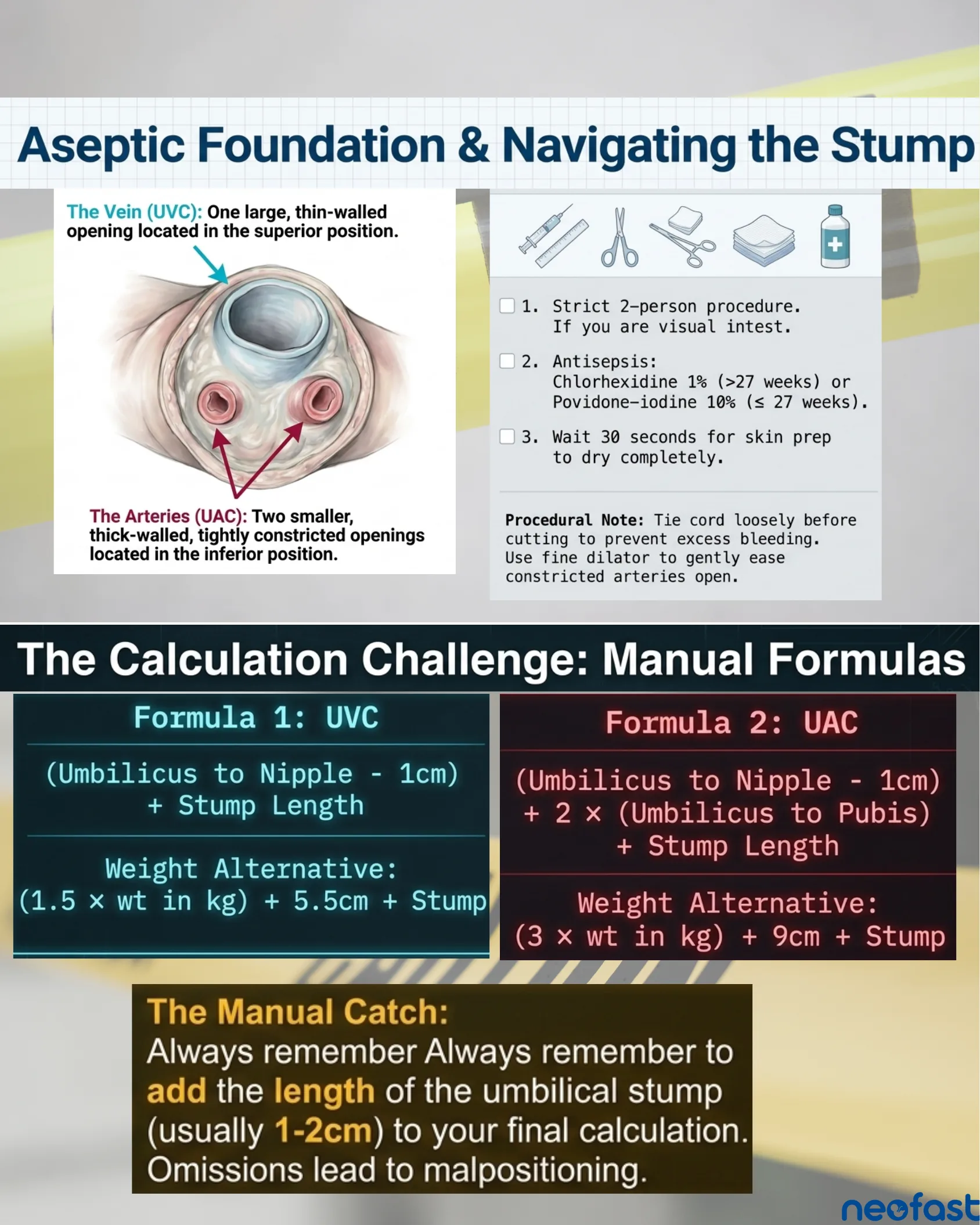 Diagram of the umbilical cord cross-section showing the vein and two arteries, alongside an aseptic technique checklist and manual insertion-length formulas for UVC and UAC.