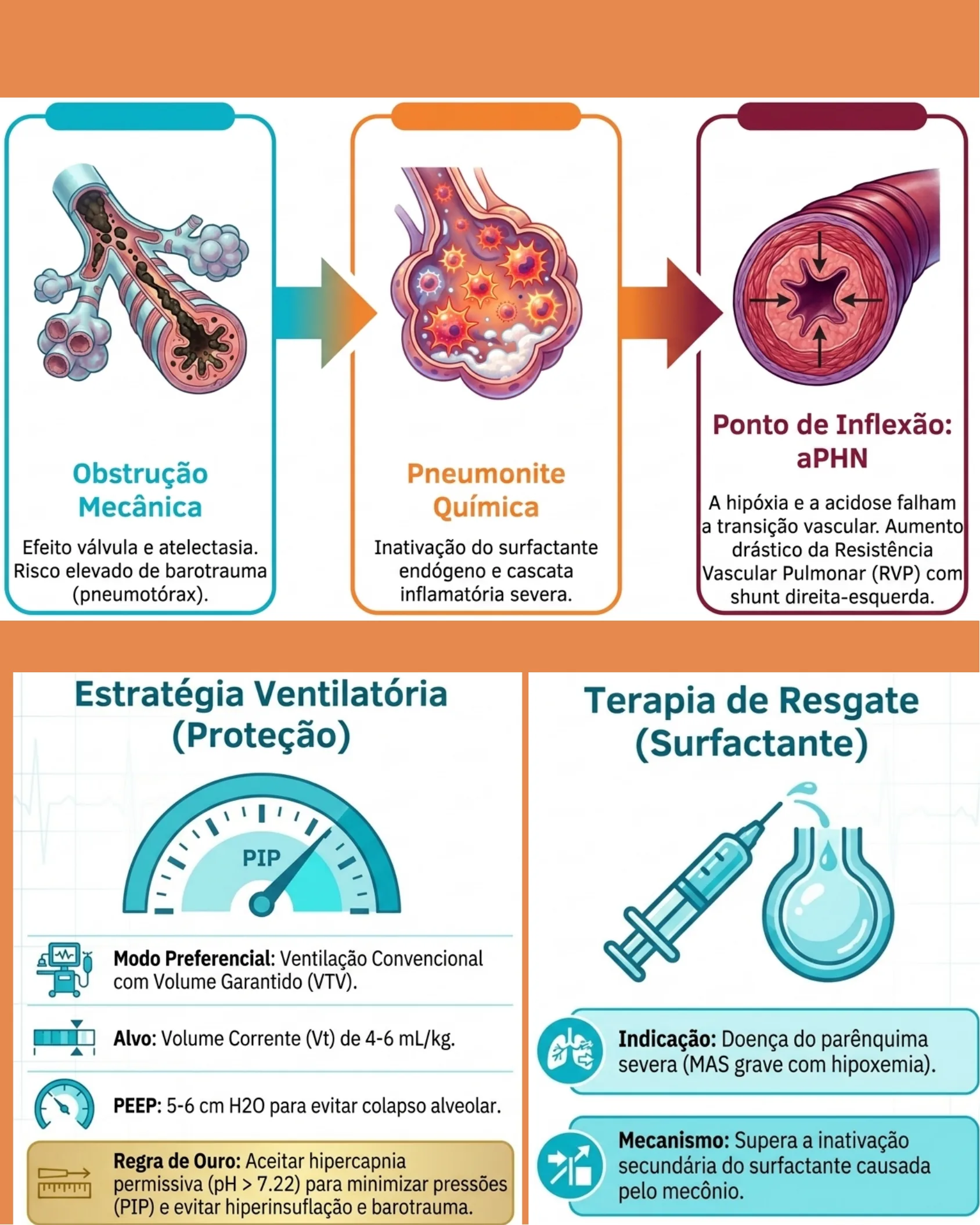 Fluxograma da fisiopatologia da aspiração meconial evoluindo para hipertensão pulmonar aguda, com estratégias de ventilação protetora e terapia de resgate com surfactante.