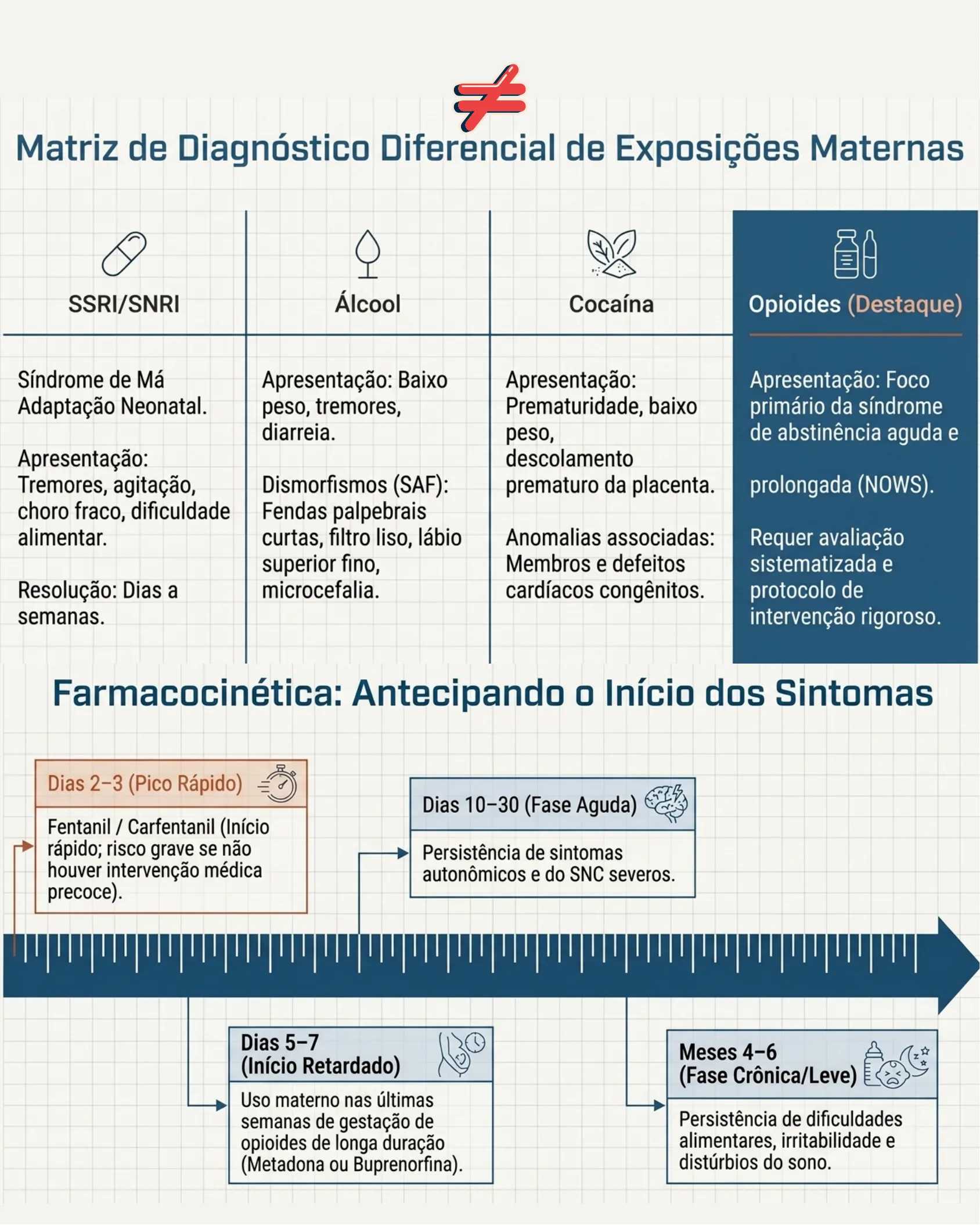 Tabela comparativa de exposições maternas a SSRI/SNRI, álcool, cocaína e opioides, seguida de uma linha do tempo de farmacocinética indicando o início dos sintomas de abstinência.