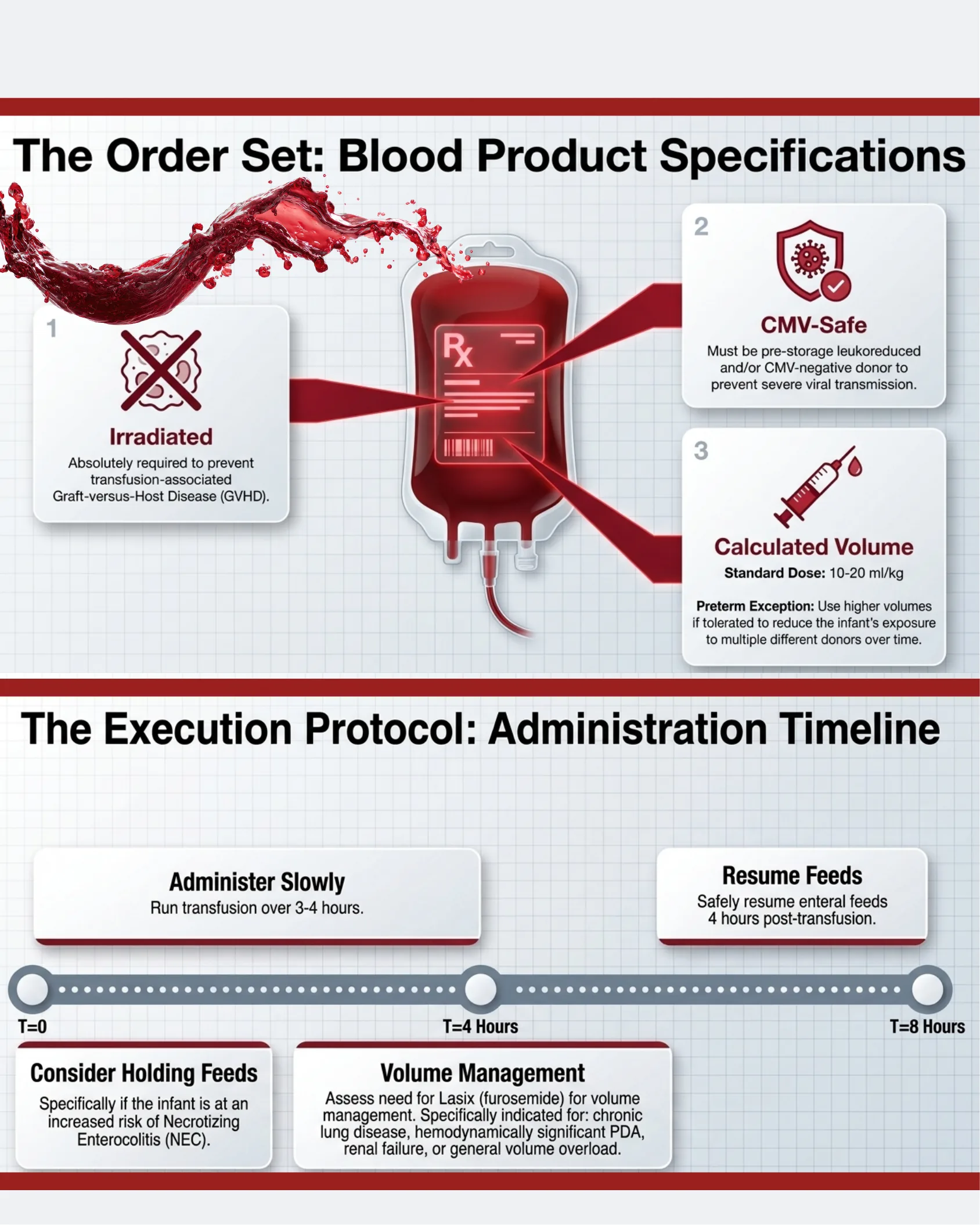 Infographic of a blood bag showing three required specifications (irradiated, CMV-safe, calculated volume) and a horizontal timeline diagram detailing the transfusion administration protocol from 0 to 8 hours.