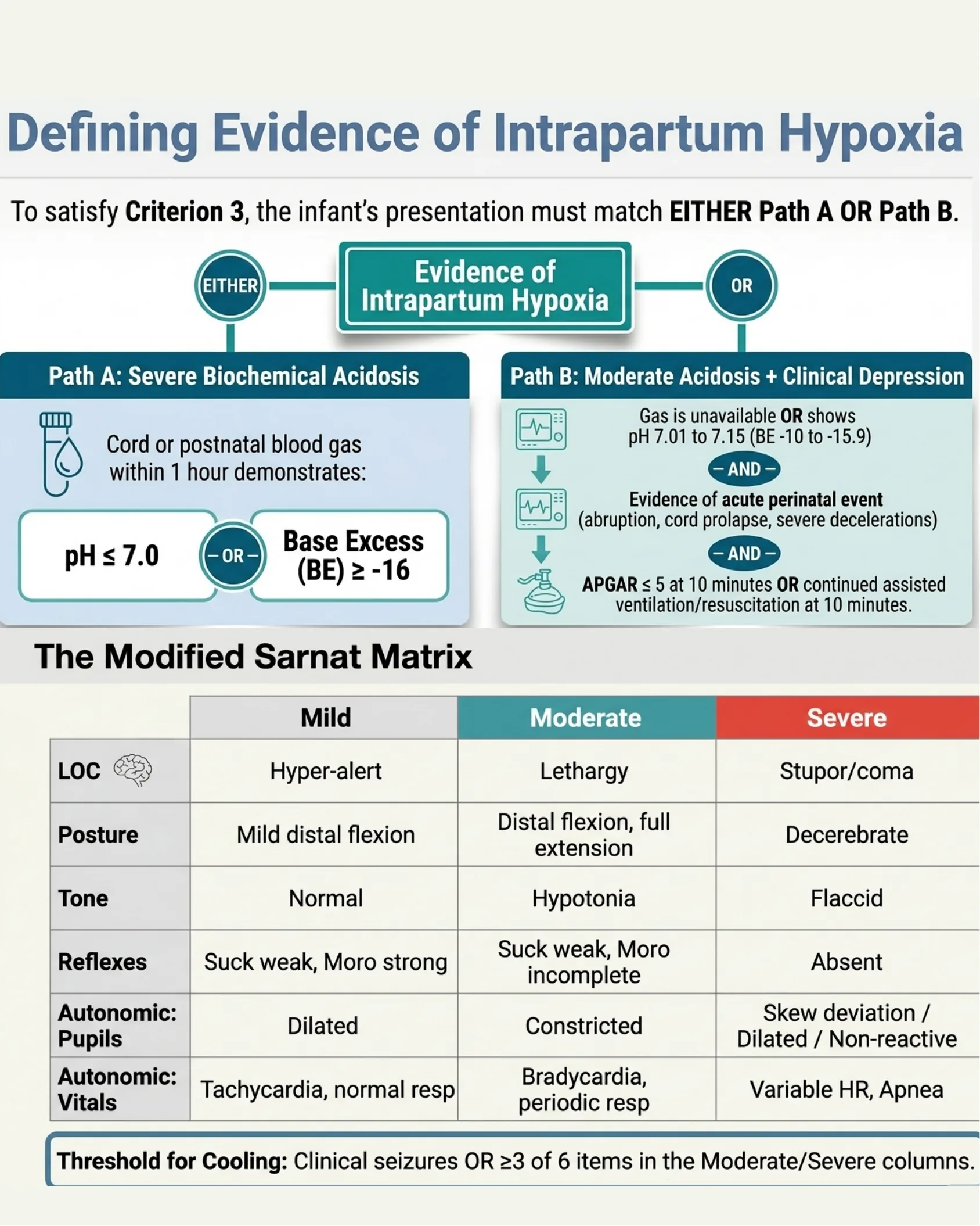 Flowchart of two pathways (severe biochemical acidosis or moderate acidosis plus clinical depression) defining intrapartum hypoxia, alongside a Modified Sarnat Matrix table categorizing encephalopathy severity.