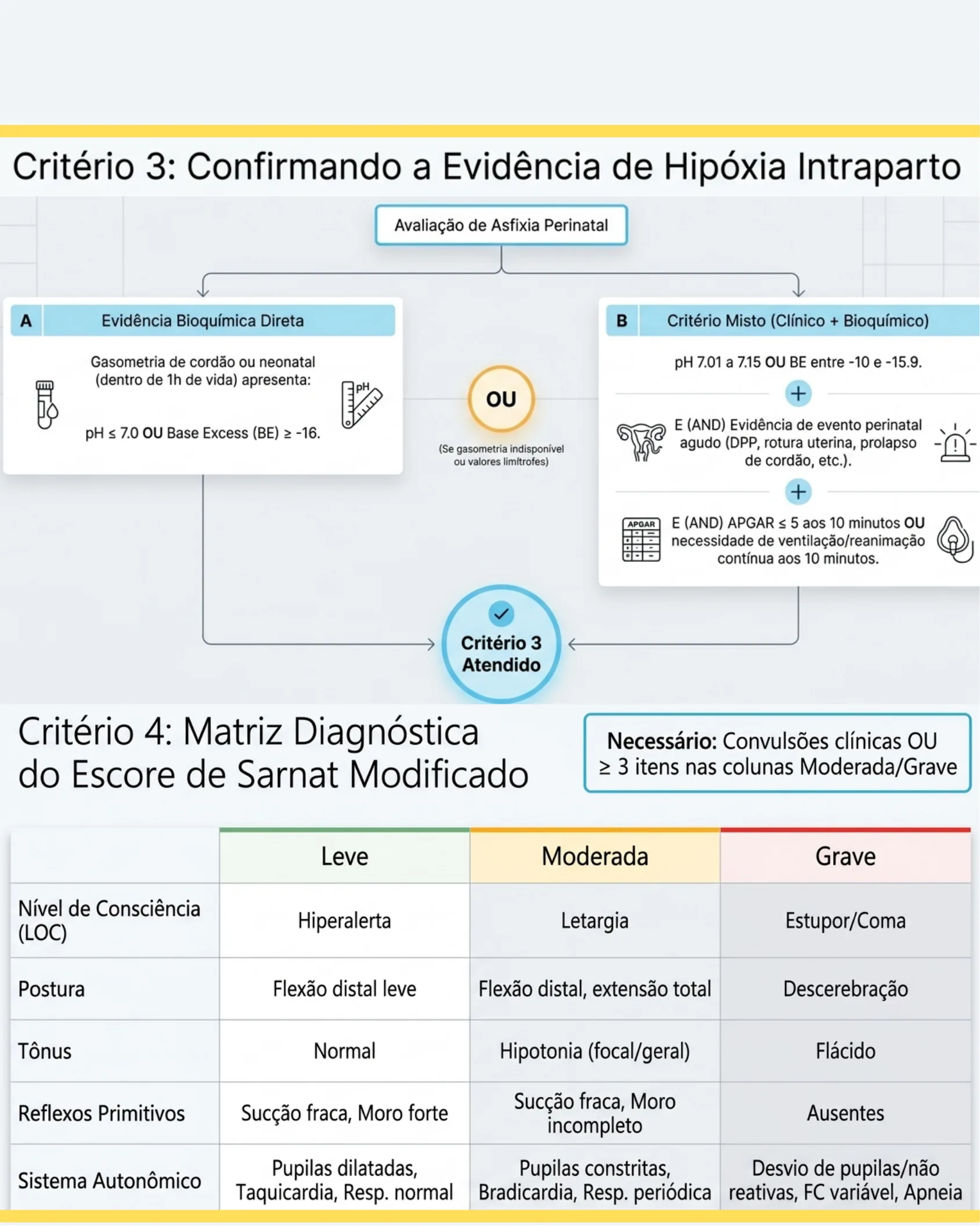 Fluxograma dos critérios bioquímicos e mistos para confirmar hipóxia perinatal, seguido de tabela do Escore de Sarnat Modificado classificando encefalopatia em leve, moderada e grave.