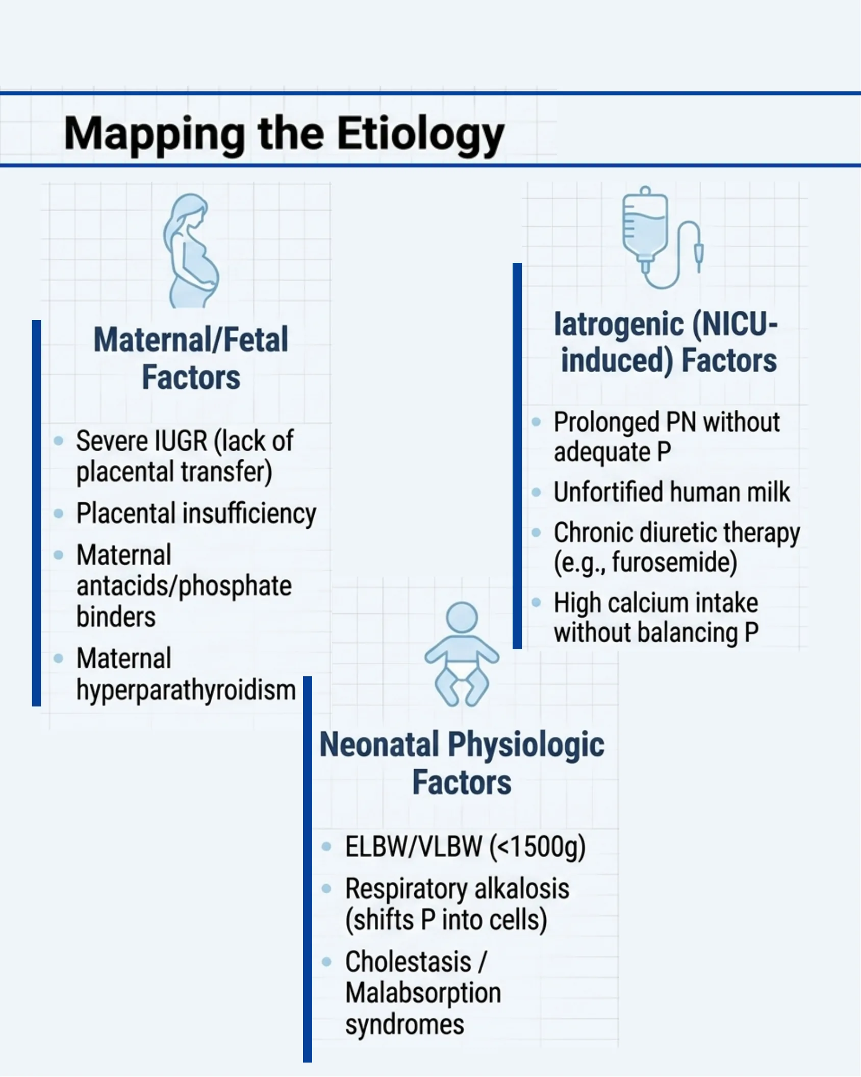 Diagram mapping the etiology of neonatal hypophosphatemia into maternal/fetal factors, neonatal physiologic factors, and iatrogenic NICU-induced factors.