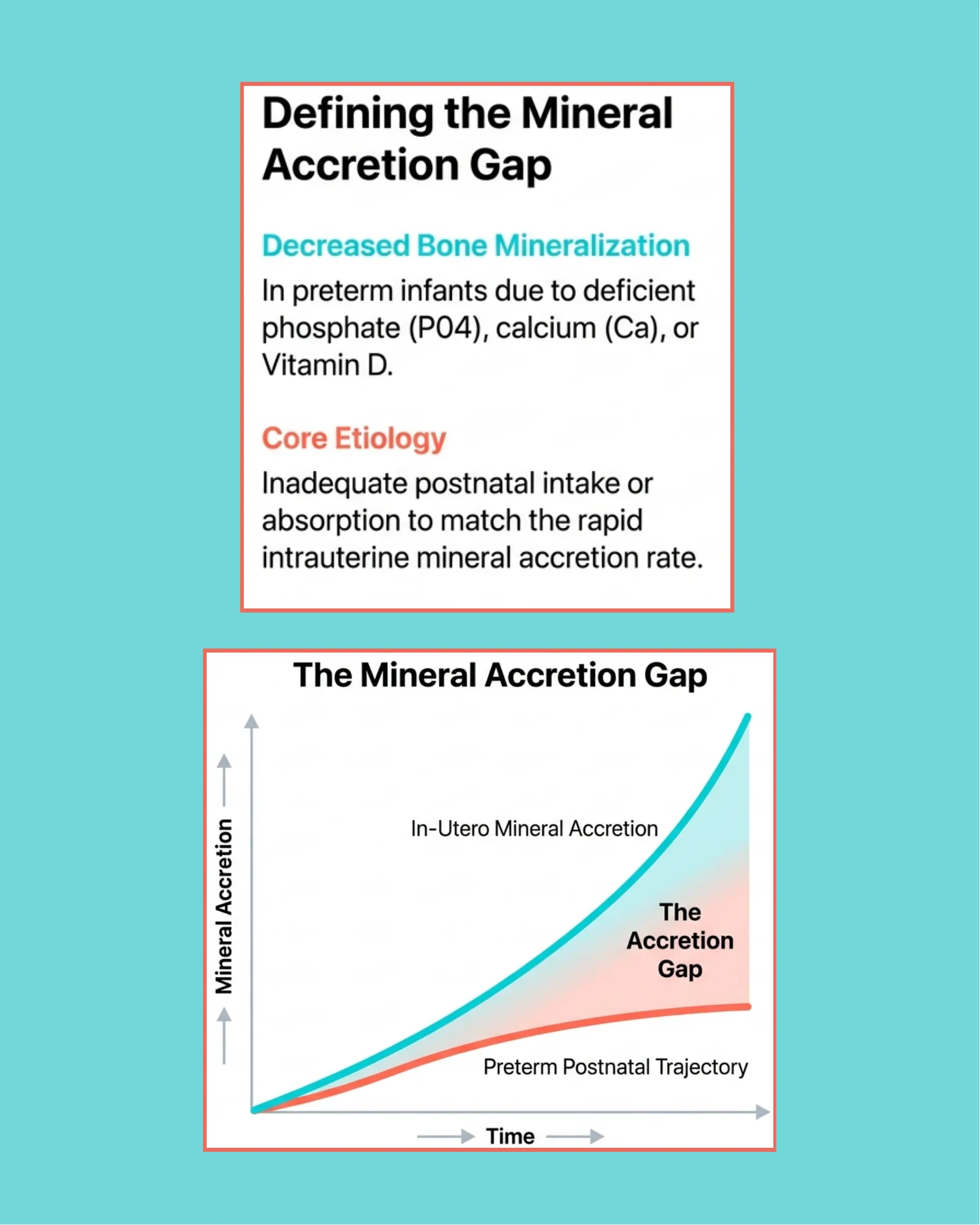 Diagram explaining decreased bone mineralization and core etiology of the mineral accretion gap, with a line graph comparing in-utero mineral accretion versus preterm postnatal trajectory over time.