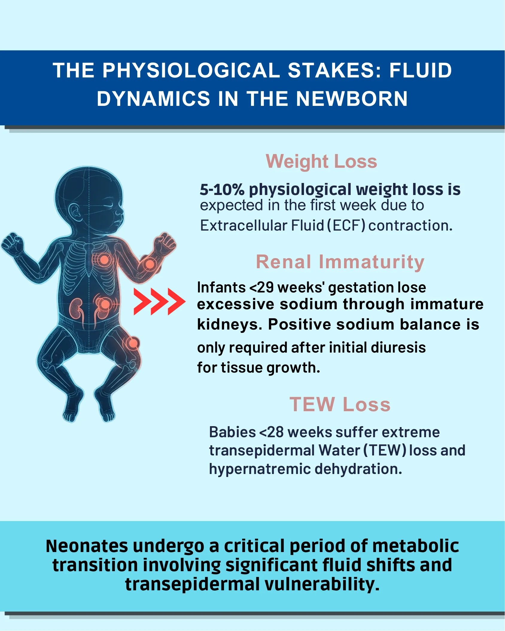 Infographic illustrating neonatal fluid physiology including weight loss, renal immaturity, and transepidermal water loss with an anatomical diagram of a newborn highlighting kidneys, chest, and limbs.