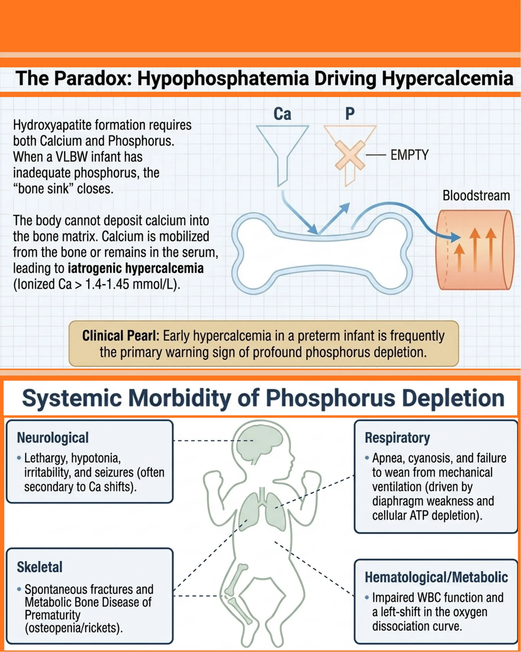Diagram illustrating how phosphorus depletion closes the bone sink causing iatrogenic hypercalcemia, alongside a body diagram showing neurological, respiratory, skeletal, and hematological morbidities of phosphorus depletion.
