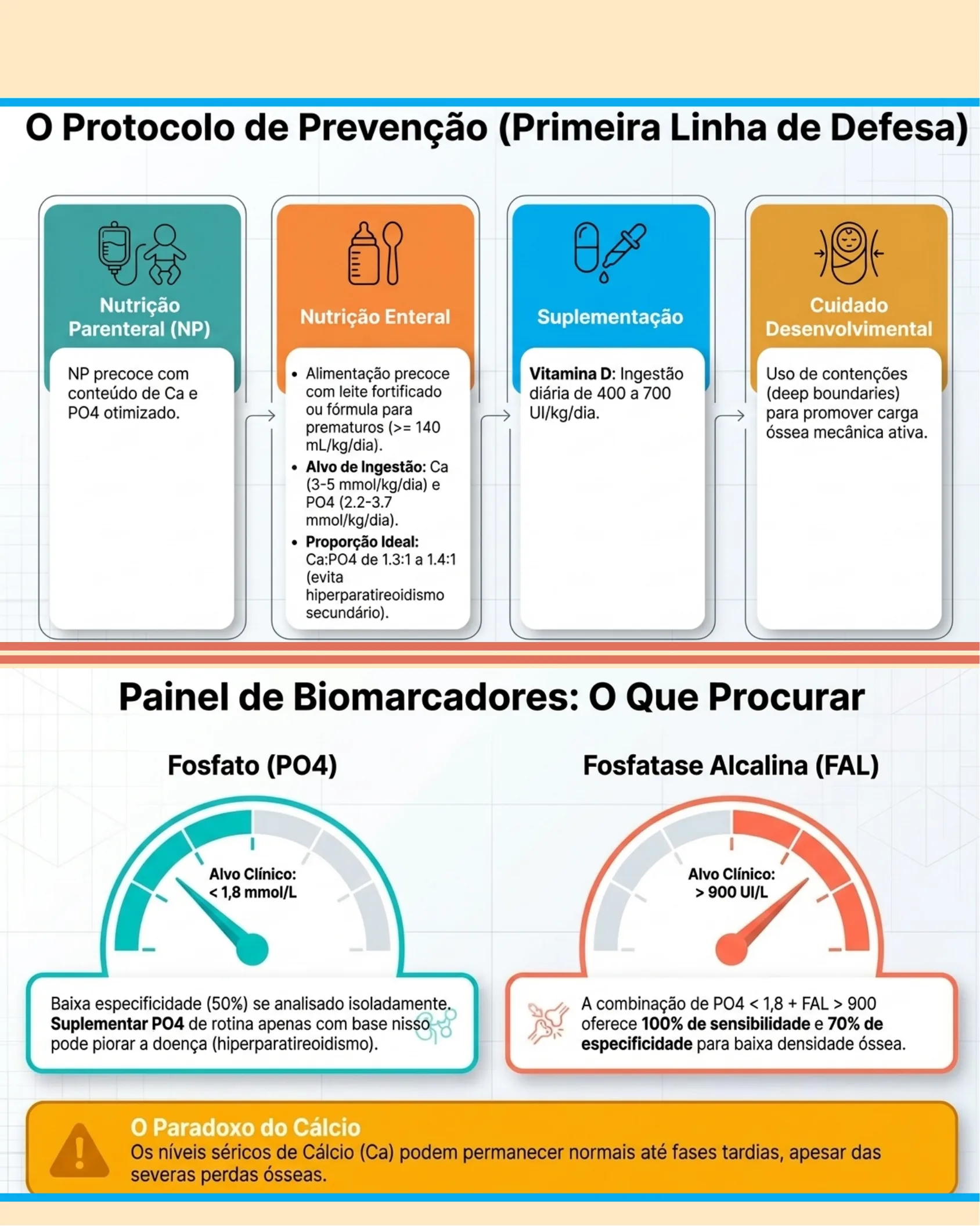 Infográfico do protocolo de prevenção com quatro etapas e painel de biomarcadores mostrando medidores de fosfato e fosfatase alcalina.