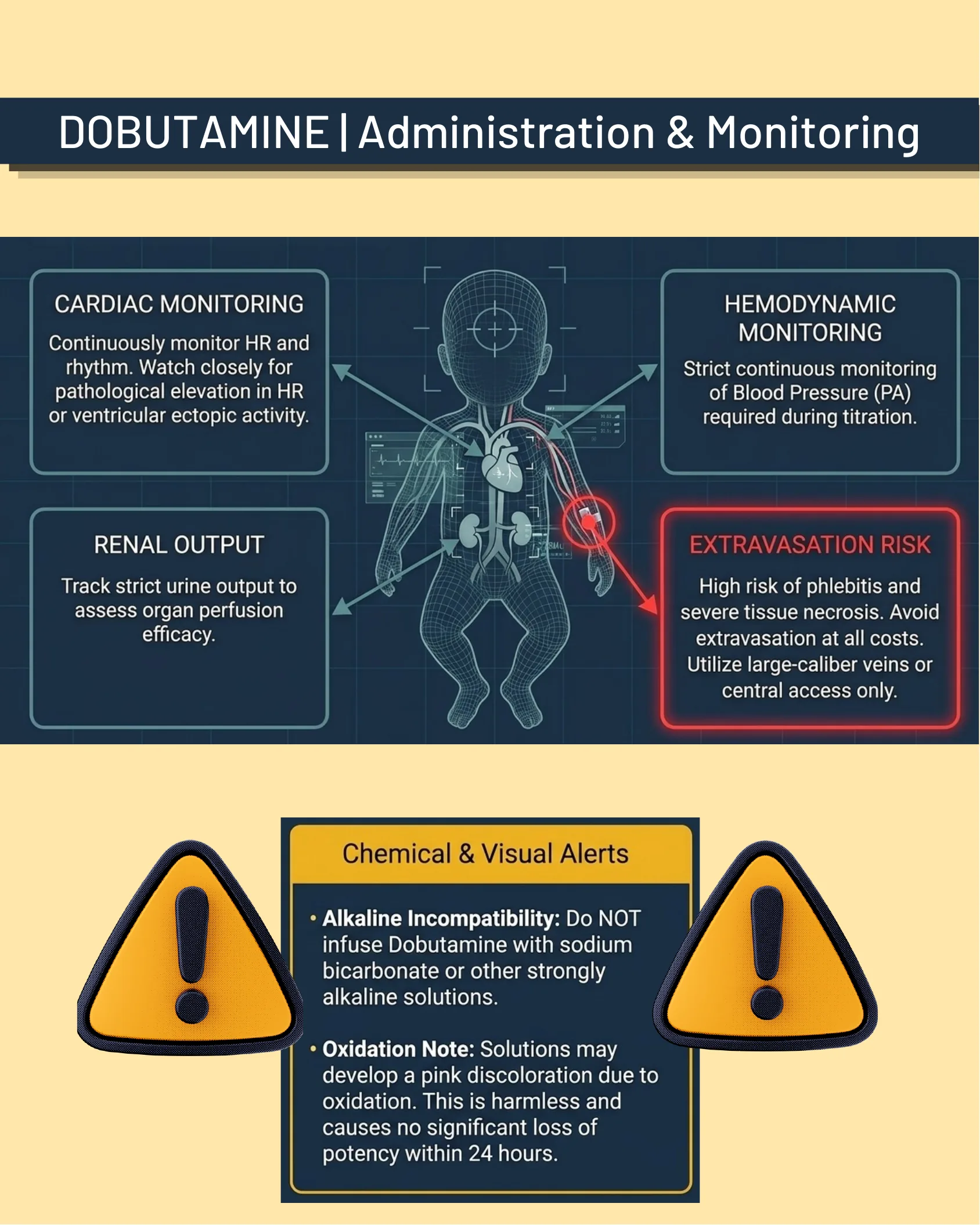 Diagram of a neonatal body outline with callouts for cardiac monitoring, hemodynamic monitoring, renal output, and extravasation risk, plus a chemical and visual alerts box below.