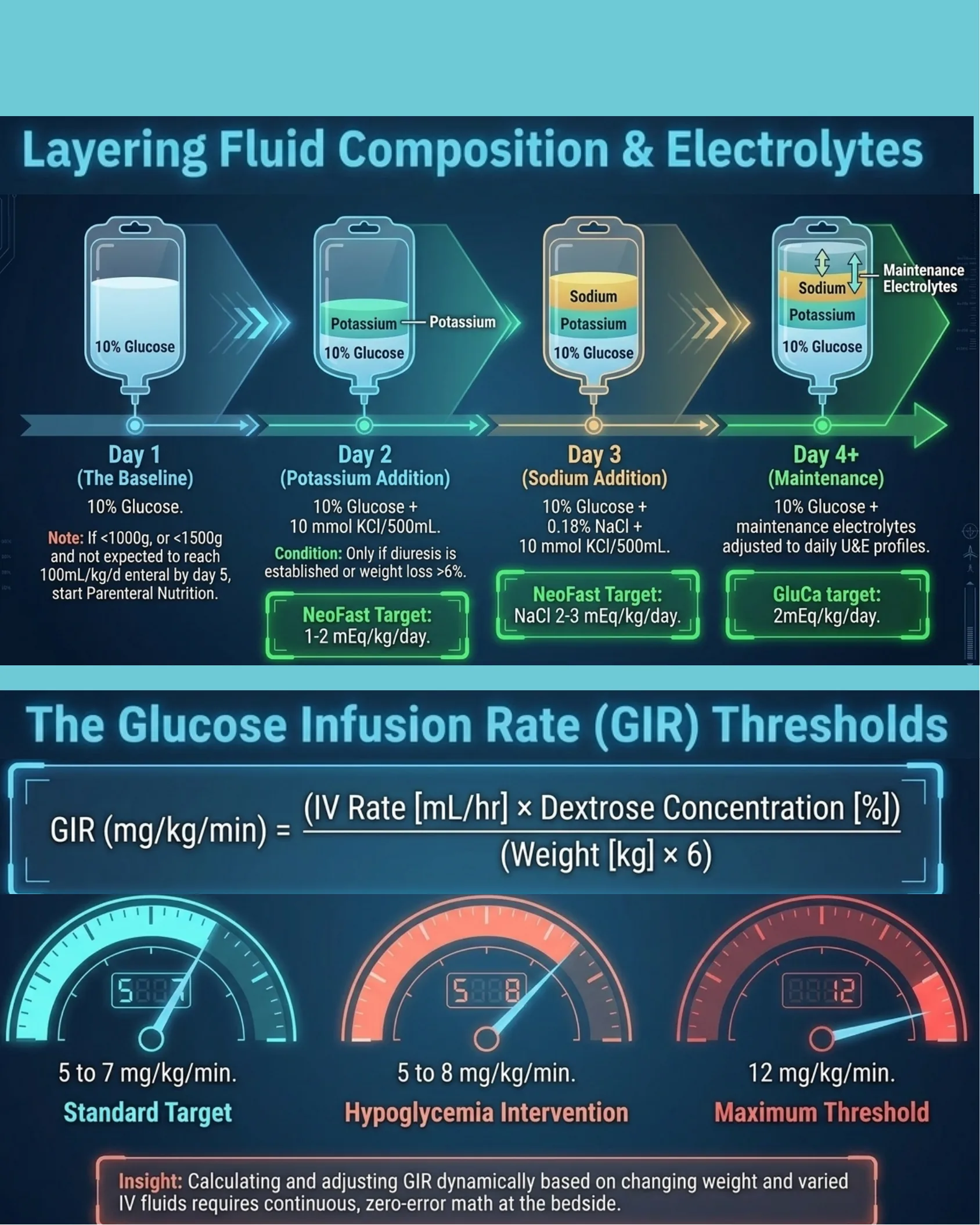 Diagram depicting the layered progression of IV fluid composition with electrolytes across four days, alongside a GIR formula and gauge charts showing standard, hypoglycemia intervention, and maximum GIR thresholds.