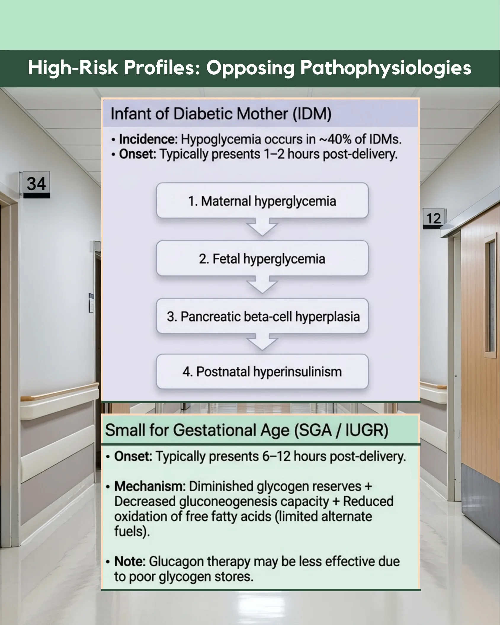 Two panels contrasting the pathophysiology of hypoglycemia in Infant of Diabetic Mother versus Small for Gestational Age infants, overlaid on a hospital hallway photo.
