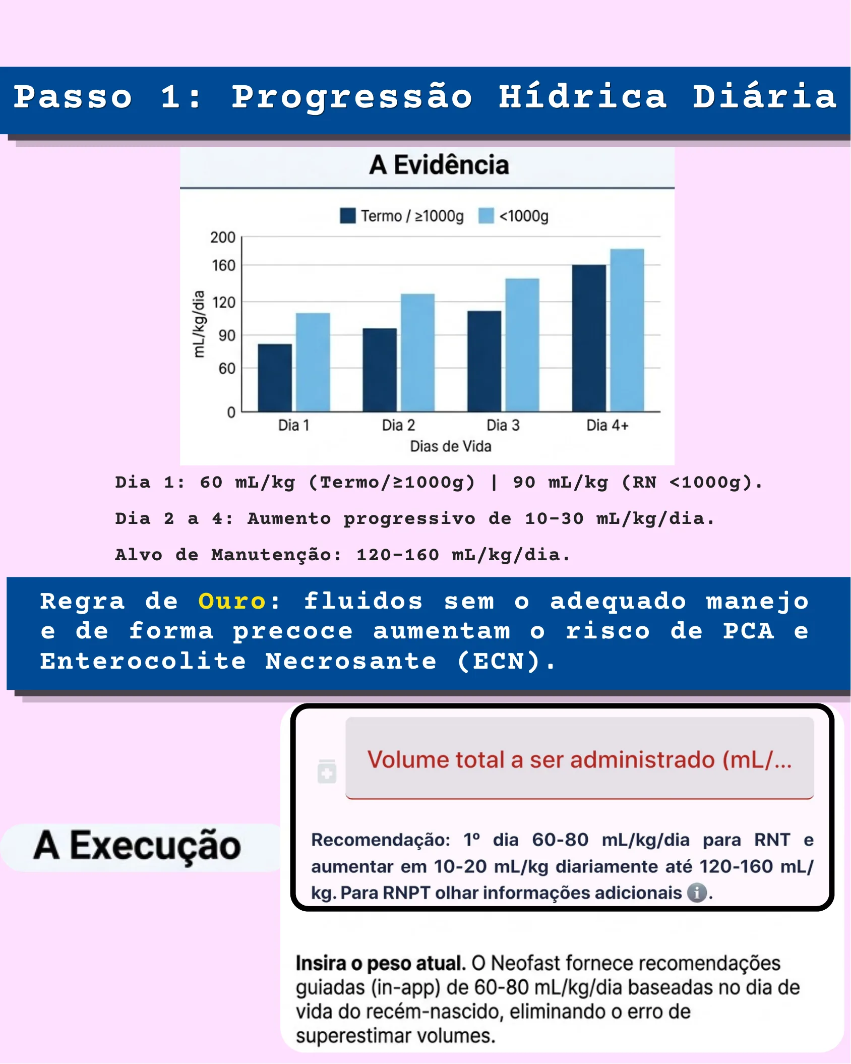 Gráfico de barras mostrando a progressão hídrica diária recomendada (mL/kg/dia) para recém-nascidos a termo e prematuros extremos ao longo dos primeiros dias de vida, junto com a tela do Neofast que orienta o volume total.