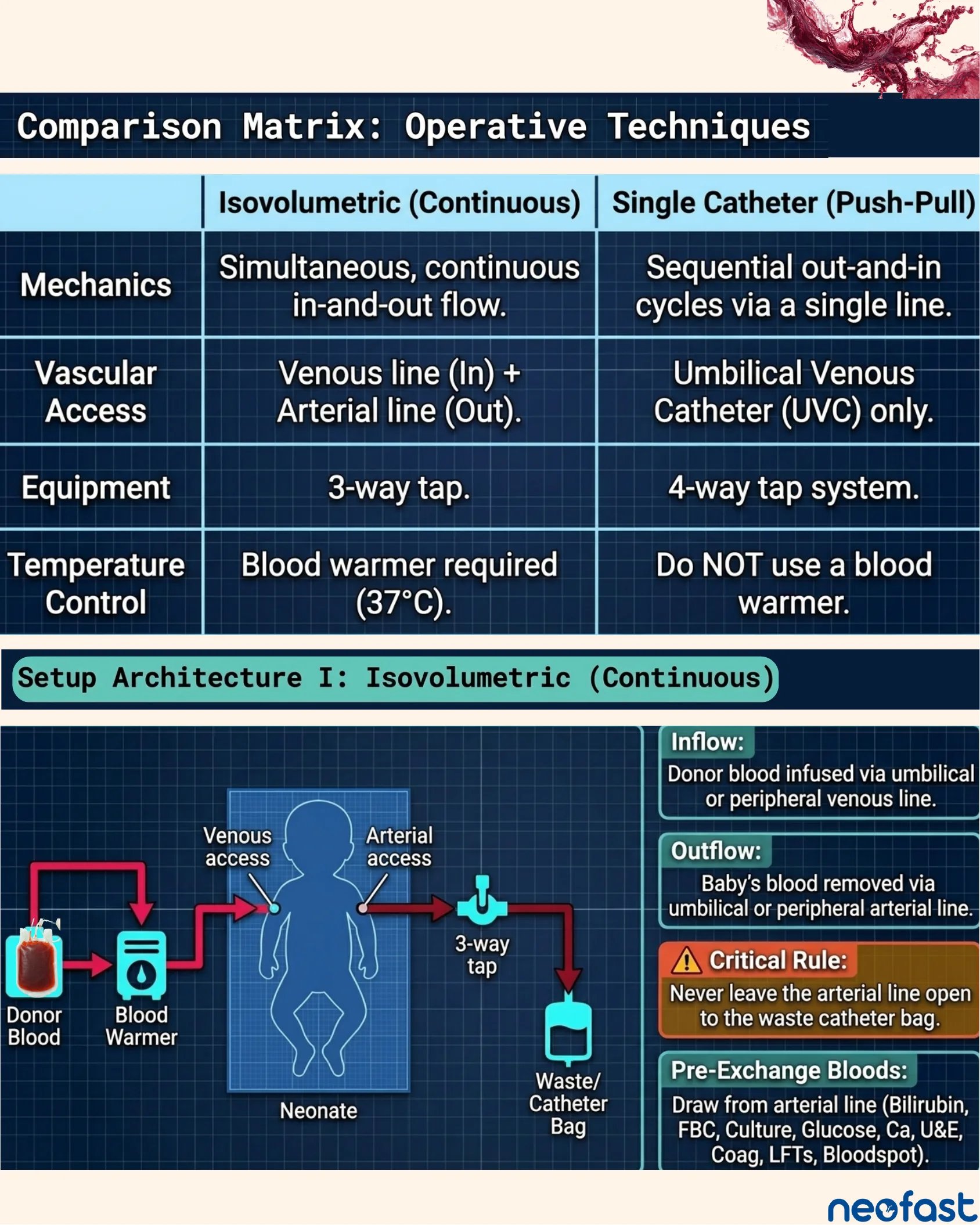 Comparison table of isovolumetric continuous versus single catheter push-pull exchange transfusion techniques, plus a diagram of the isovolumetric continuous setup showing venous and arterial access, blood warmer, 3-way tap, and waste bag.