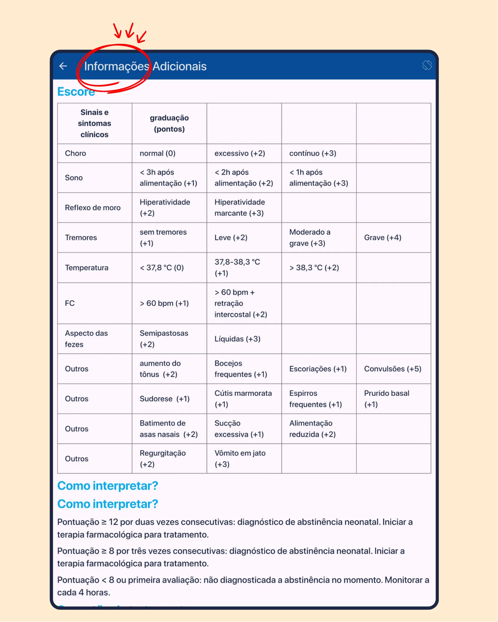 Captura de tela do aplicativo NeoFast mostrando a tabela completa do Escore de Finnegan com sinais, sintomas clínicos, graduação de pontos e regras de interpretação.