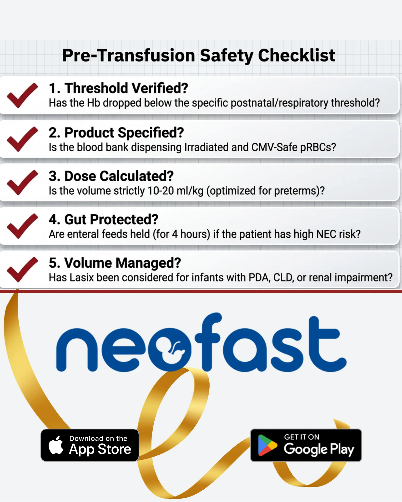 Final page listing a five-item pre-transfusion safety checklist above the Neofast app logo with App Store and Google Play download badges and a gold ribbon graphic.