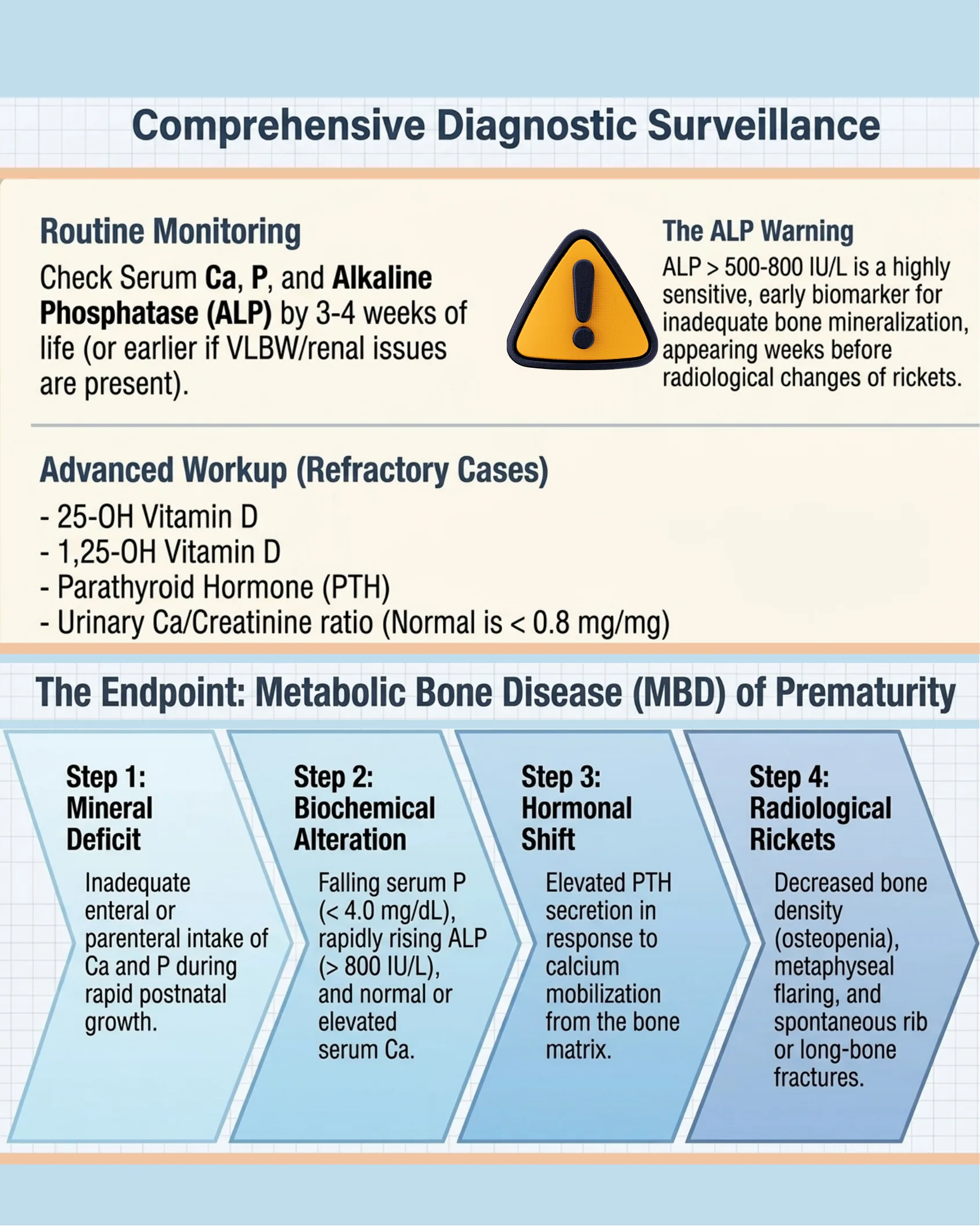 Diagnostic surveillance chart showing routine monitoring recommendations, an ALP warning box, advanced workup labs, and a four-step flowchart of metabolic bone disease of prematurity progression.