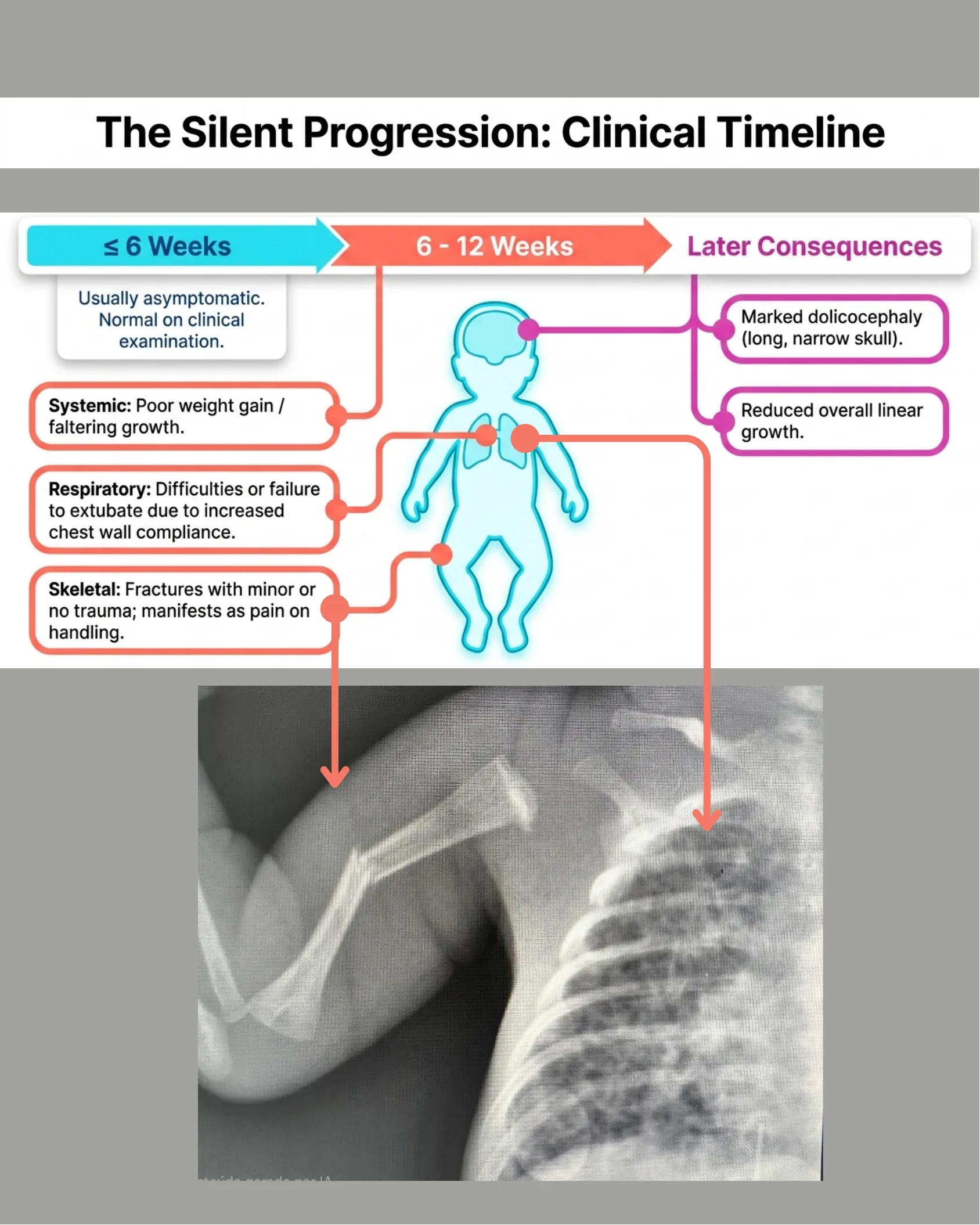 Timeline diagram showing clinical progression of metabolic bone disease from asymptomatic at 6 weeks or less, through systemic, respiratory, and skeletal symptoms at 6-12 weeks, to later consequences like dolicocephaly, alongside an X-ray of a fractured rib and arm bone.