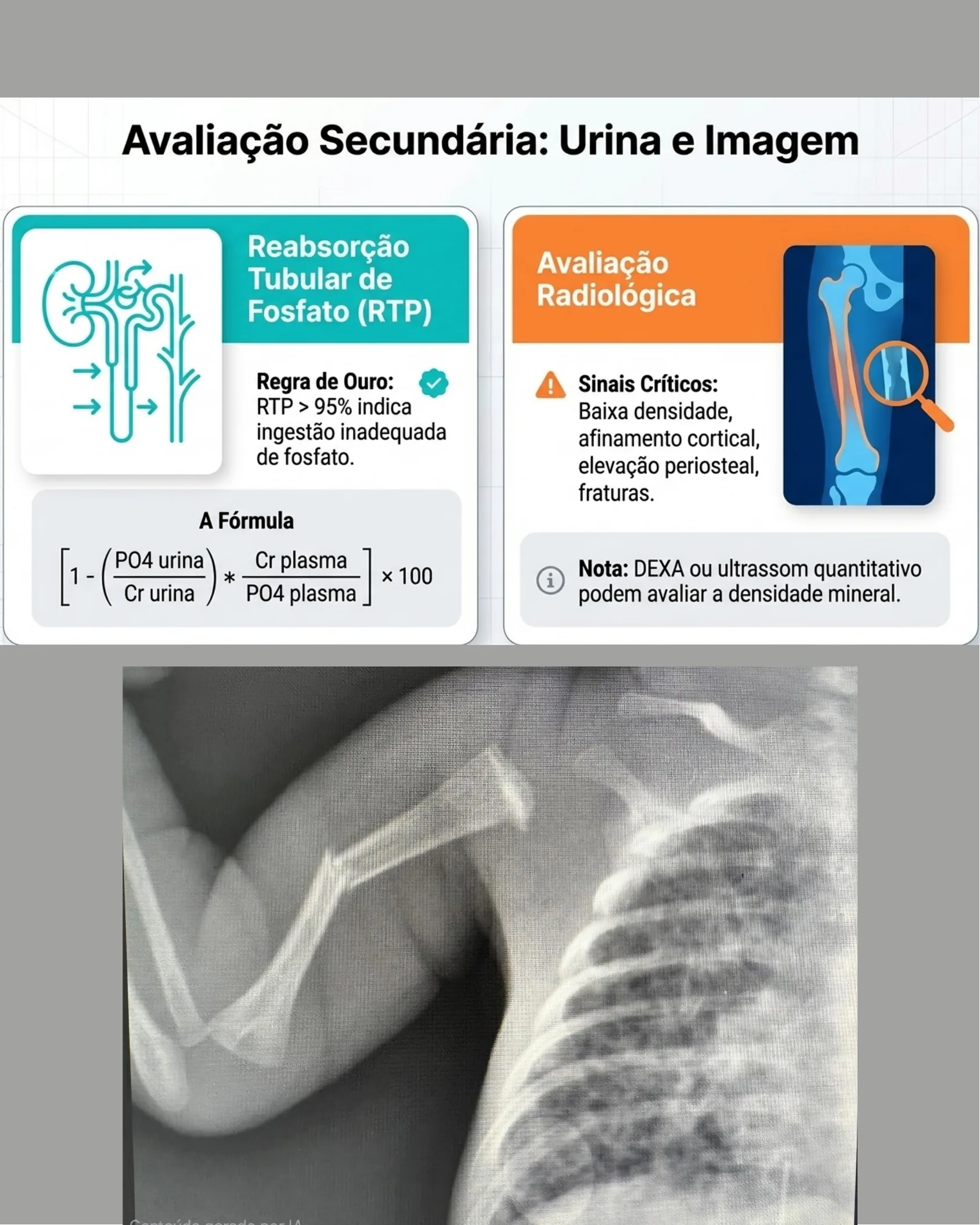 Infográfico sobre reabsorção tubular de fosfato com fórmula matemática, avaliação radiológica e radiografia mostrando fratura óssea em recém-nascido.