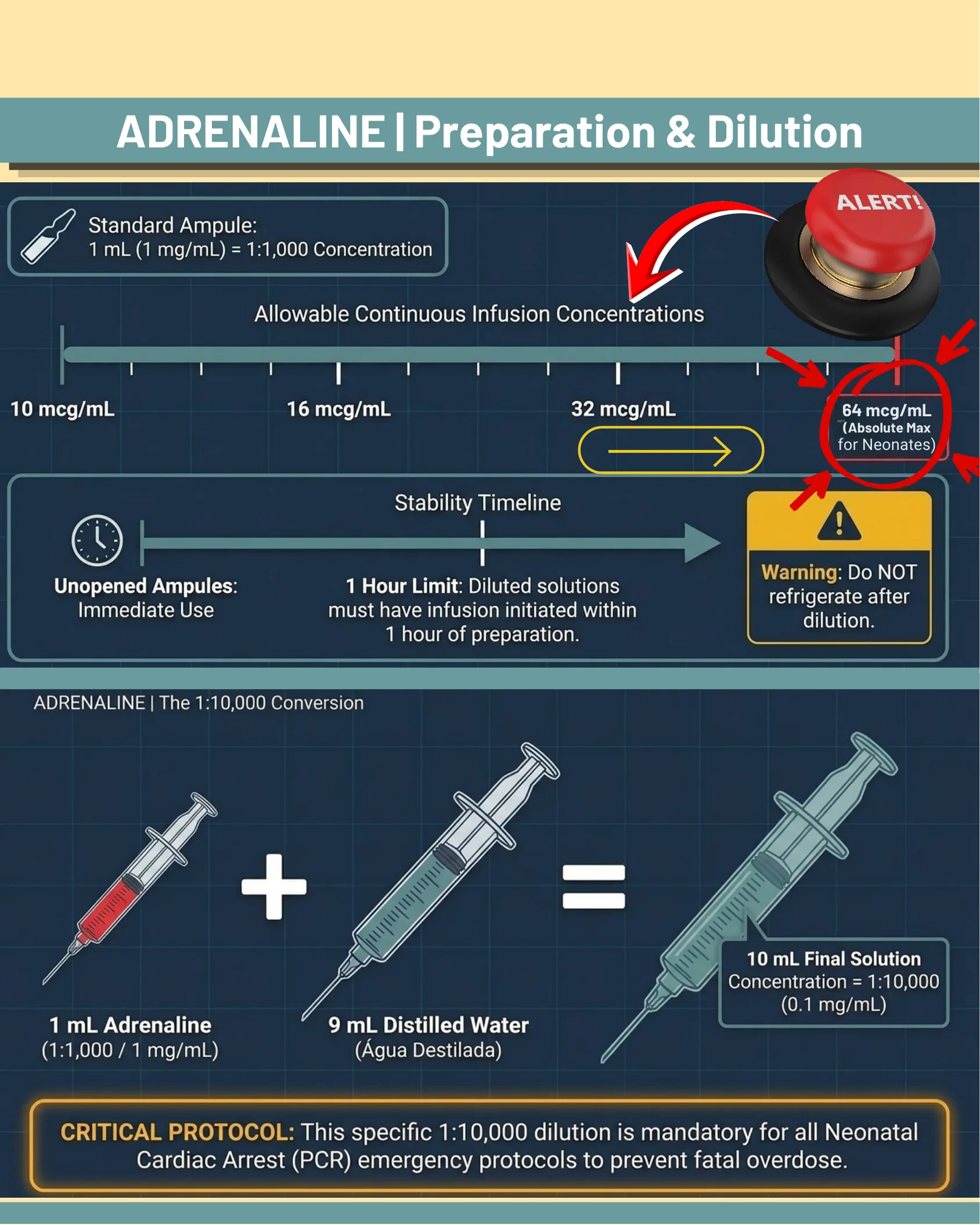 Diagram showing adrenaline ampule standard concentration, allowable continuous infusion concentration scale up to 64 mcg/mL, stability timeline, and a syringe diagram illustrating the 1:10,000 dilution conversion.
