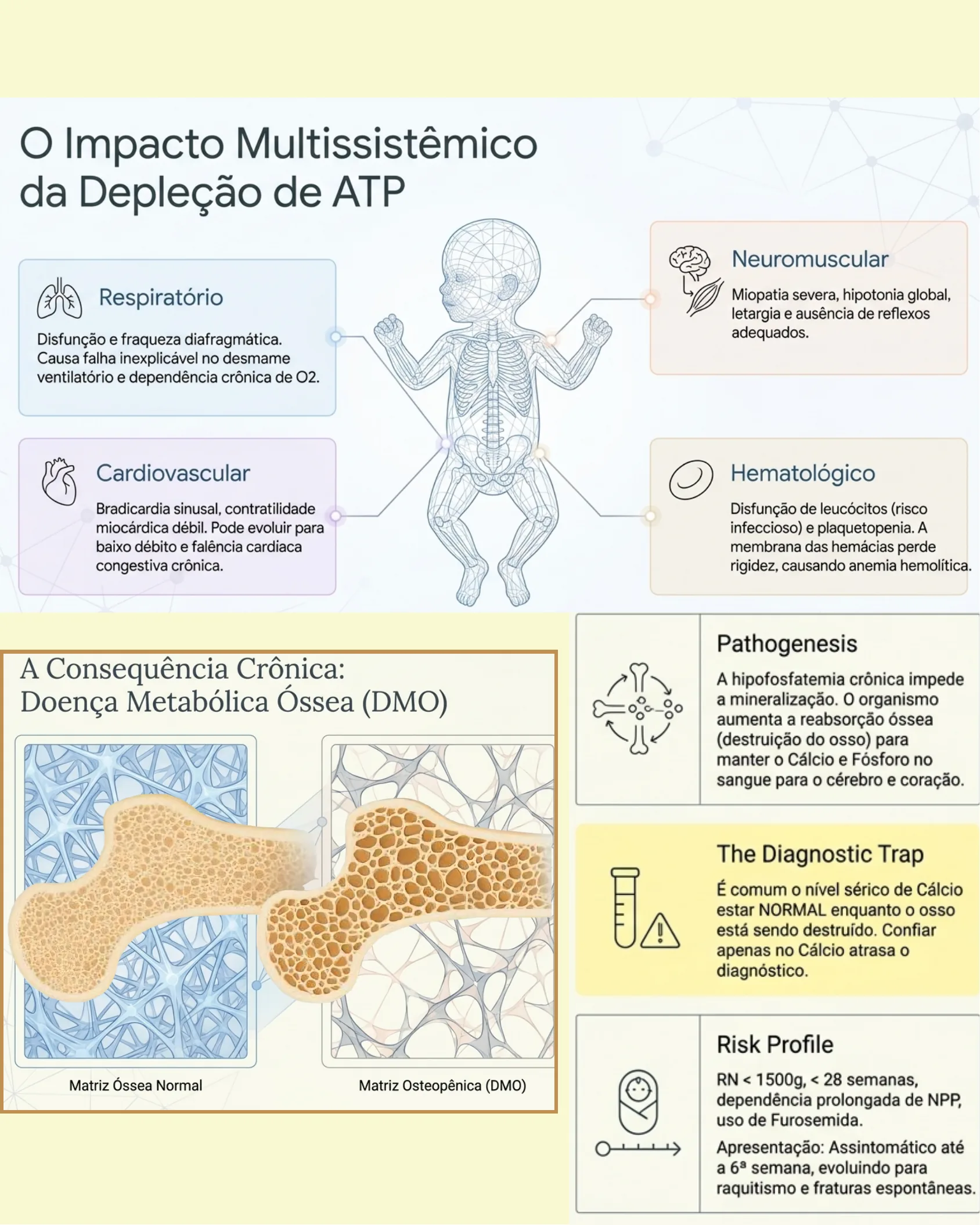 Diagrama corporal mostrando os efeitos da depleção de ATP em recém-nascido nos sistemas respiratório, cardiovascular, neuromuscular e hematológico, além de comparação de matriz óssea normal e osteopênica.