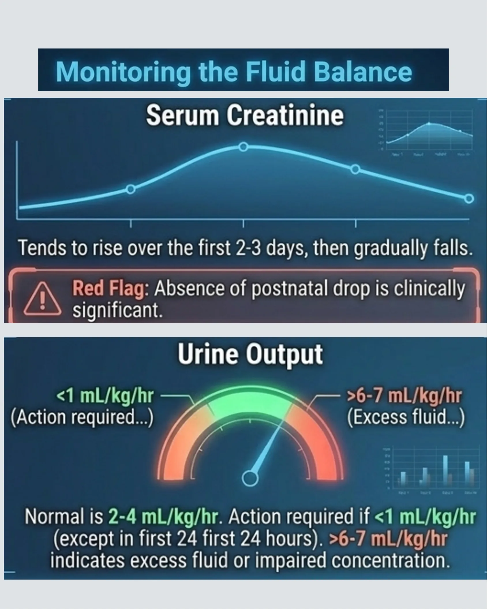 Charts showing serum creatinine trend rising then falling over days, and a urine output gauge indicating normal, low, and high thresholds in mL/kg/hr.