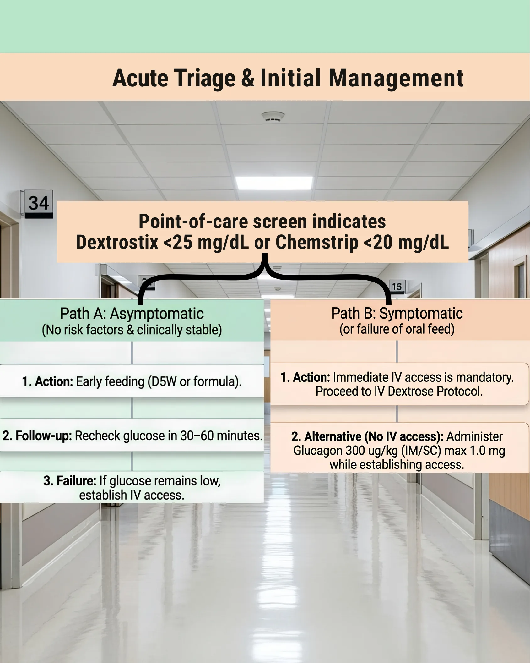 Flowchart in a hospital corridor showing acute triage of neonatal hypoglycemia branching into asymptomatic Path A with early feeding and symptomatic Path B requiring IV dextrose or glucagon.