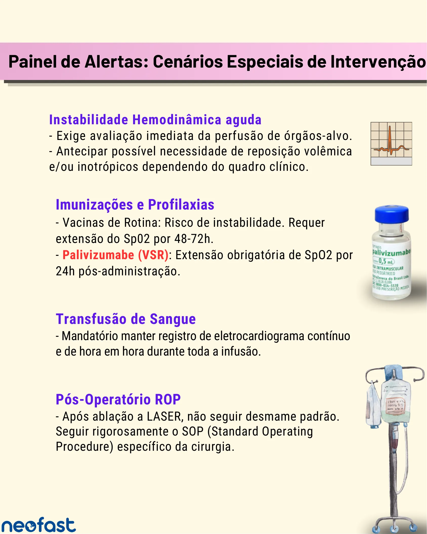 Painel com quatro alertas clínicos especiais: instabilidade hemodinâmica aguda, imunizações e profilaxias, transfusão de sangue e pós-operatório de ROP, com imagens de frasco de Palivizumabe e bolsa de sangue.