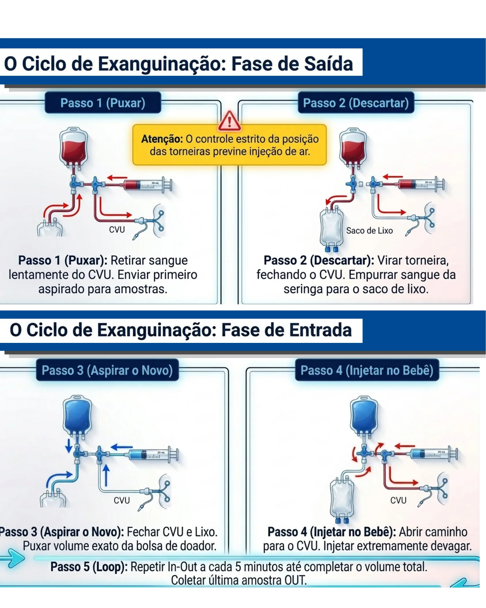 Sequência ilustrada em quatro passos do ciclo push-pull: puxar sangue do CVU, descartar na bolsa de lixo, aspirar sangue novo da bolsa de doador e injetar lentamente no bebê, com repetição em loop a cada 5 minutos.